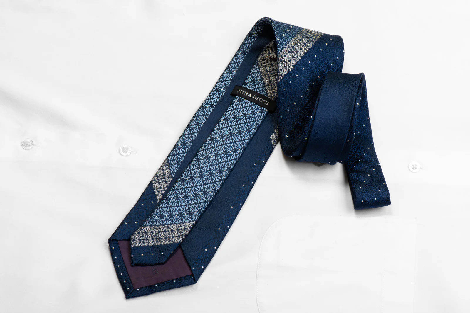 Nina Ricci Silk Necktie Cartouche On Navy With Silver Sparkles - Image 4