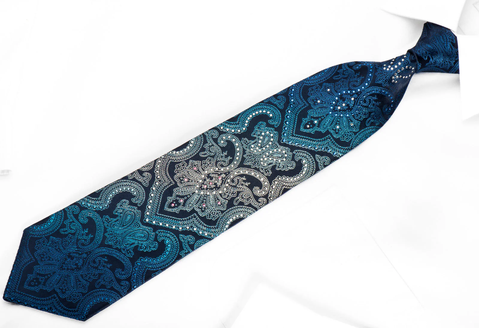 Nina Ricci Silk Necktie Damask On Blue Sparkling With Rhinestones - Image 4