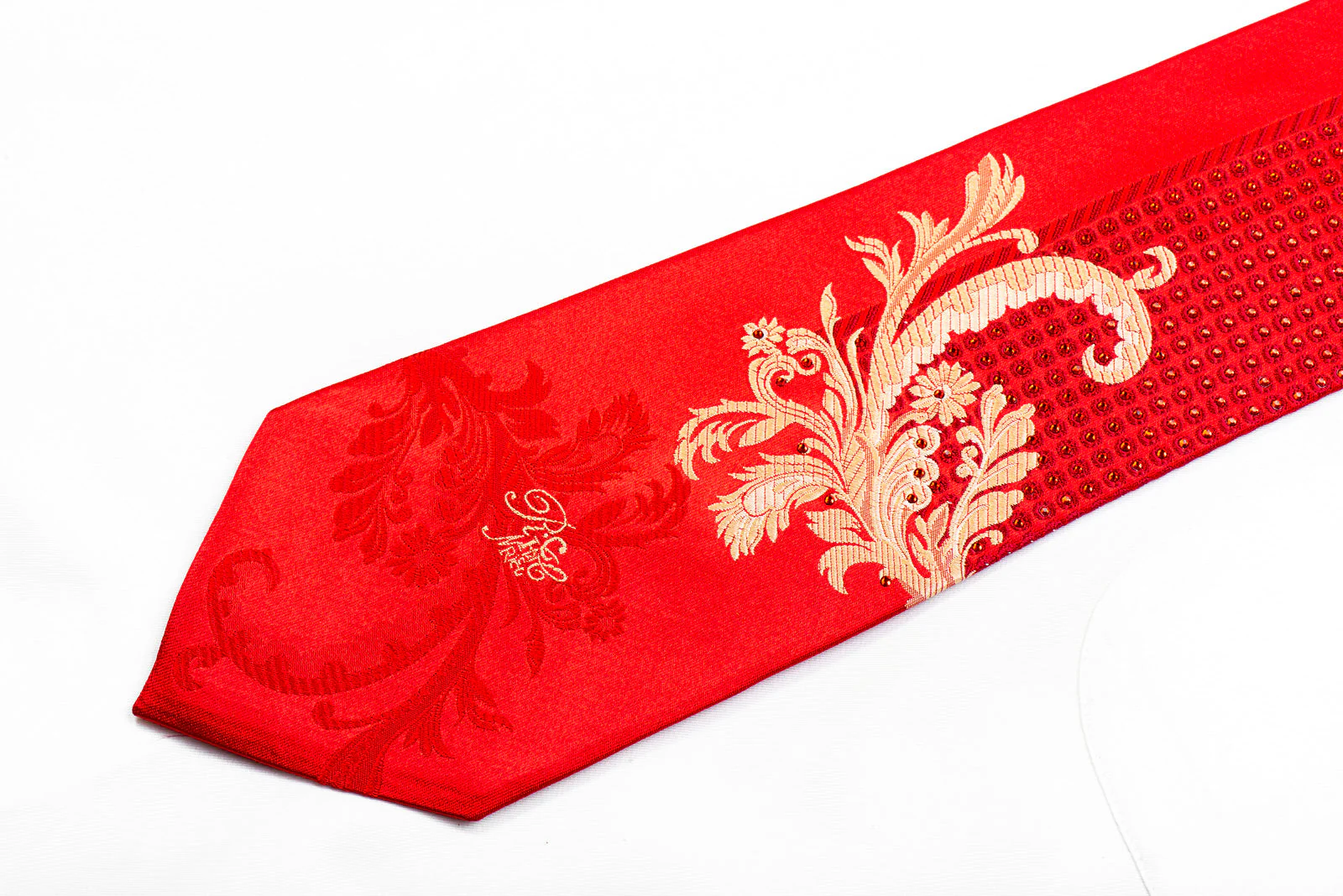 Nina Ricci Silk Necktie Gold Acanthus & red Crystal Rhinestones On Red - Image 3