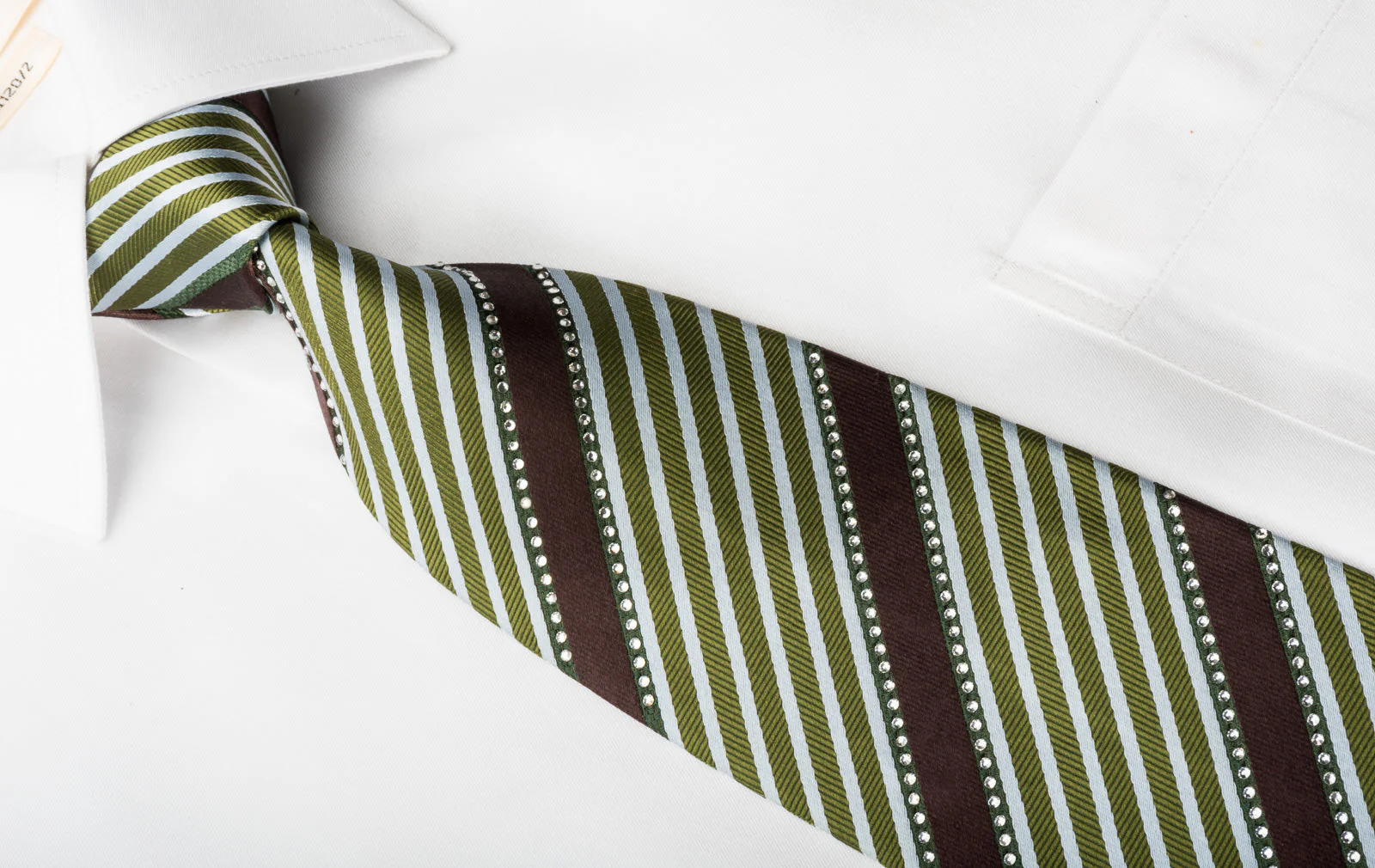 Nina Ricci Silk Necktie Green Brown Silver Striped Sparkling With Rhinestones - Image 4