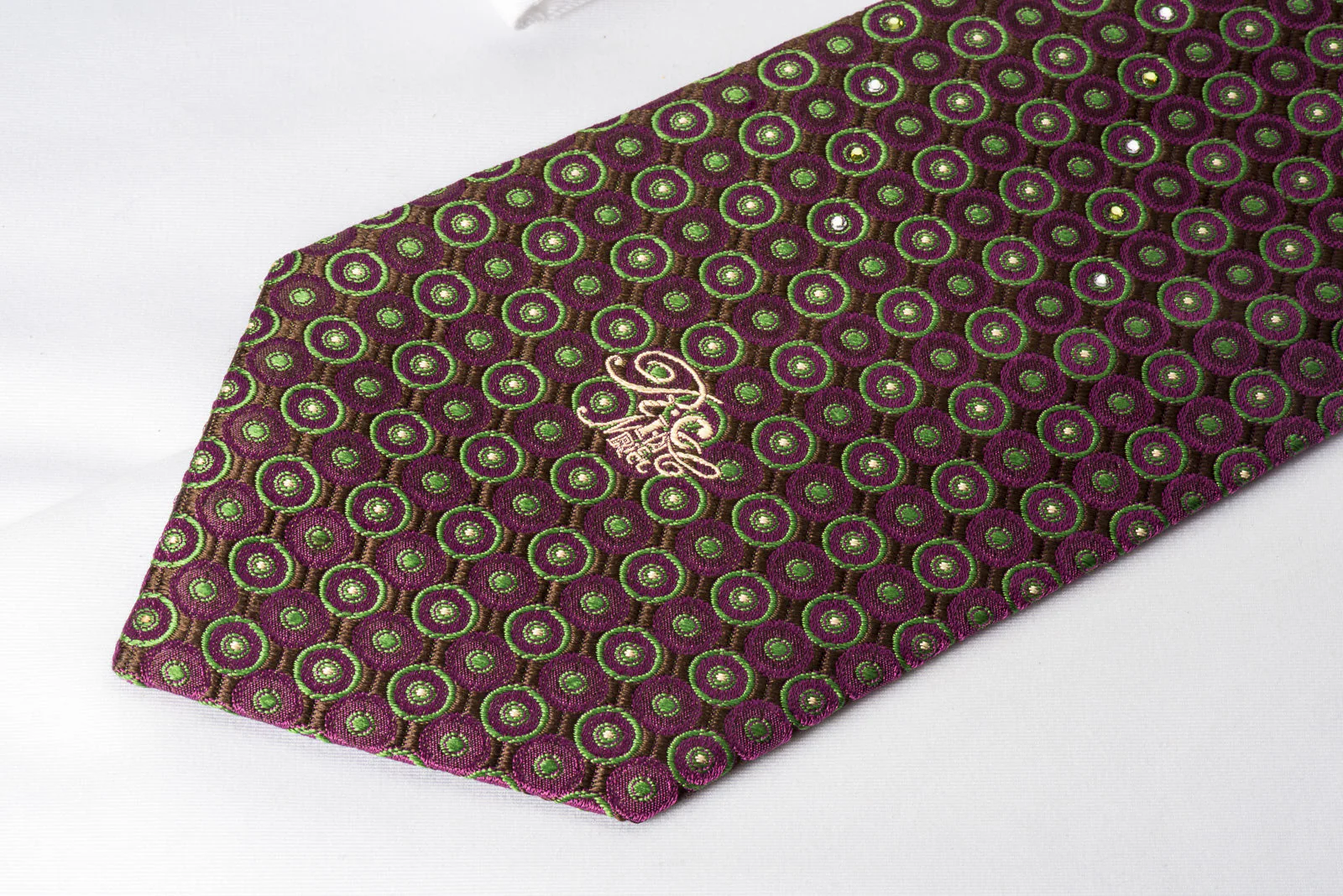 Nina Ricci Silk Necktie Green Purple Dots On Purple With Rhinestones - Image 3