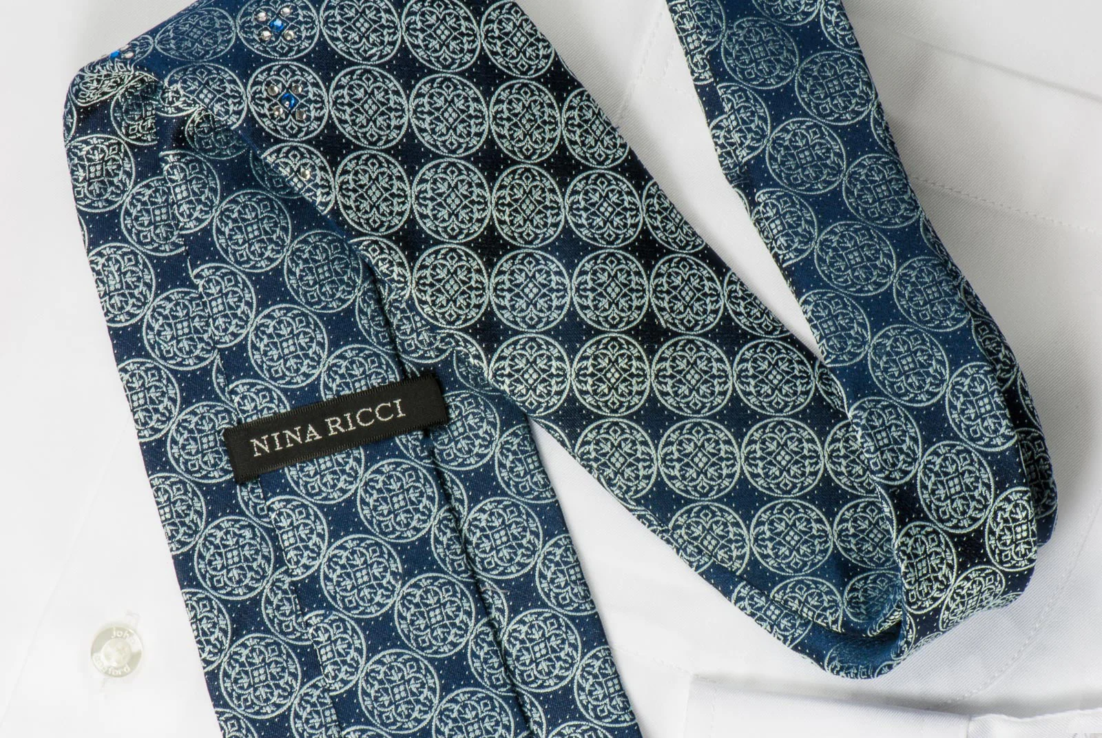 Nina Ricci Silk Necktie Medallions On Blue With Crystal Rhinestones - Image 4