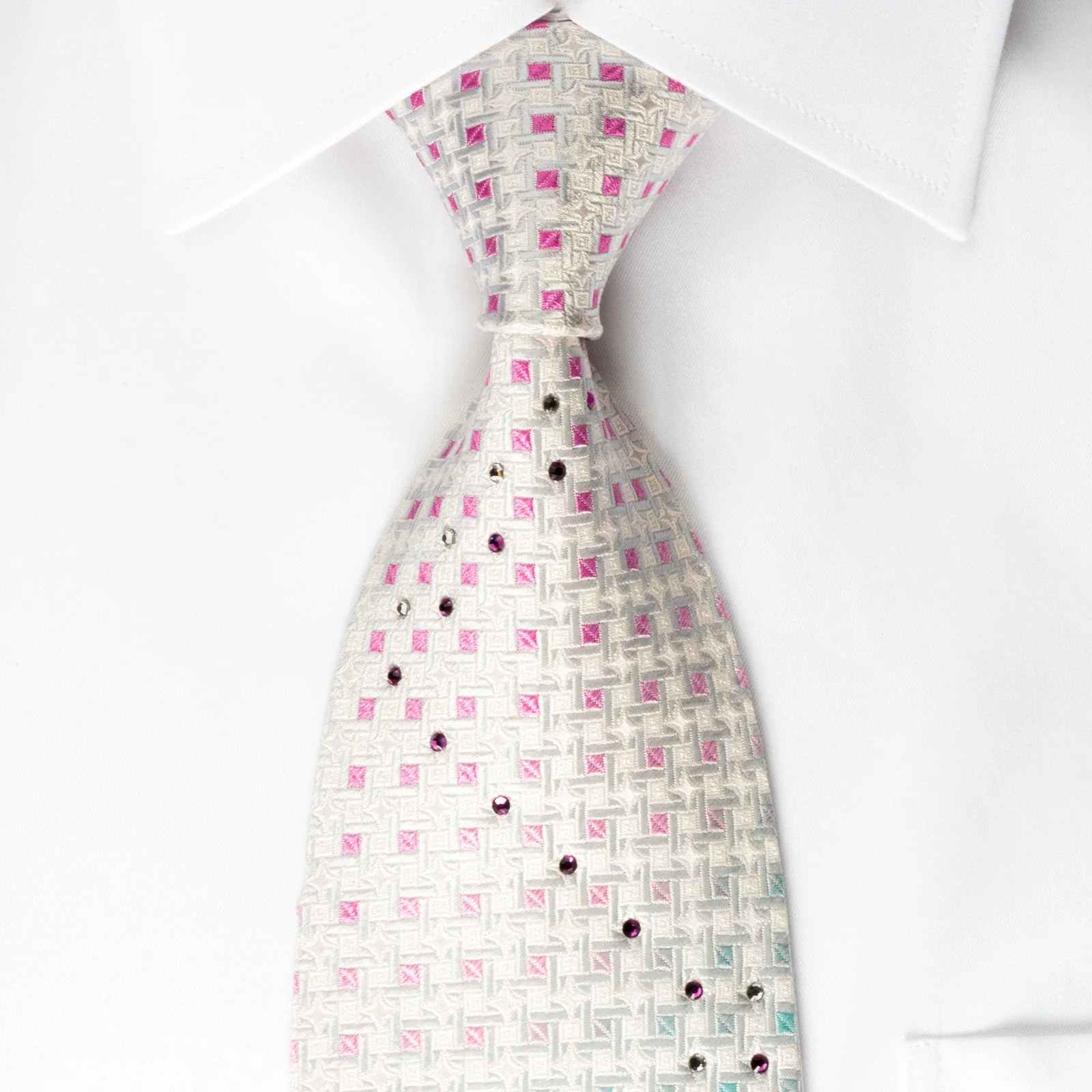 Nina Ricci Silk Necktie Silver Pink Checker On White With Rhinestones