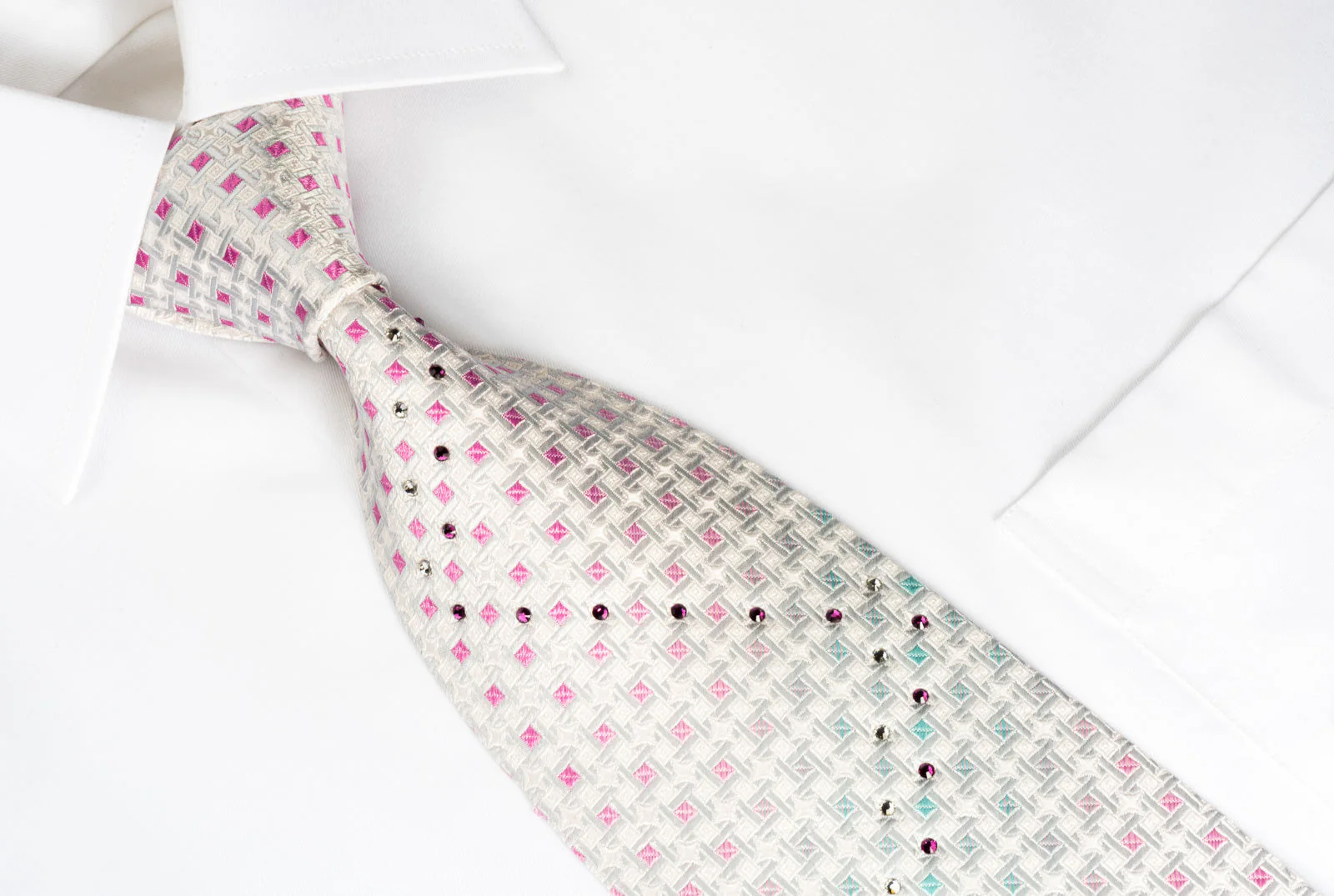 Nina Ricci Silk Necktie Silver Pink Checker On White With Rhinestones - Image 4
