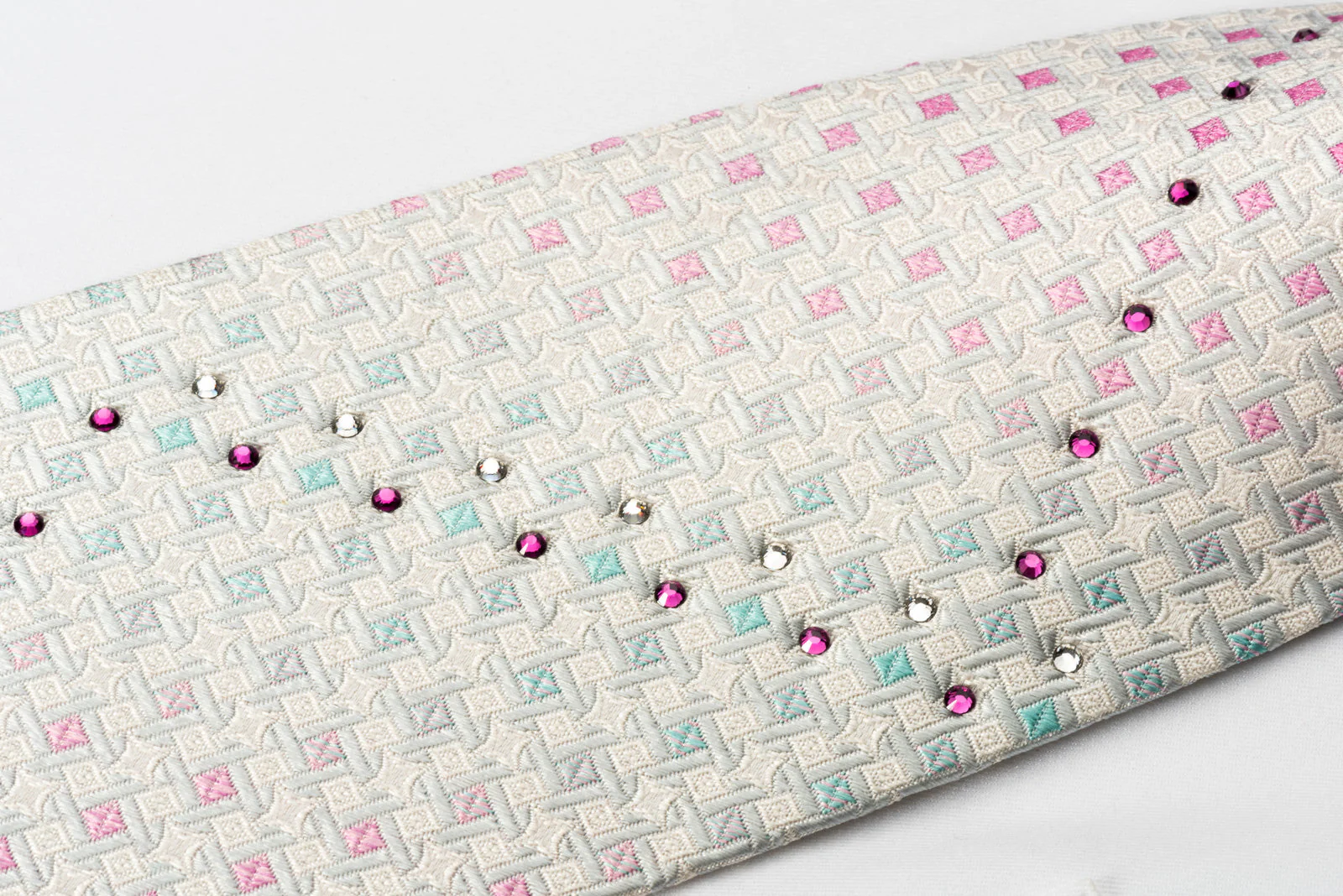 Nina Ricci Silk Necktie Silver Pink Checker On White With Rhinestones - Image 5