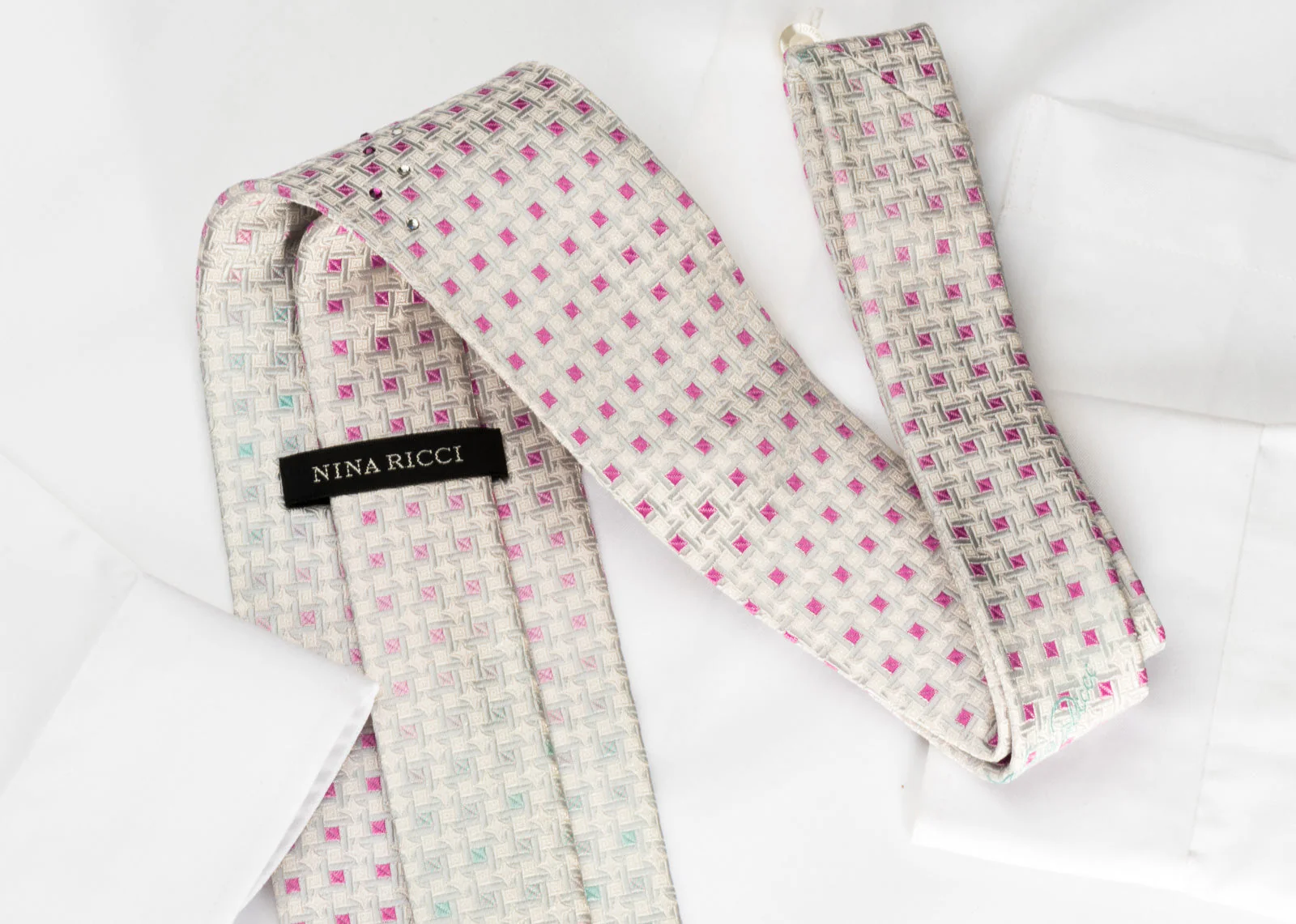 Nina Ricci Silk Necktie Silver Pink Checker On White With Rhinestones - Image 6