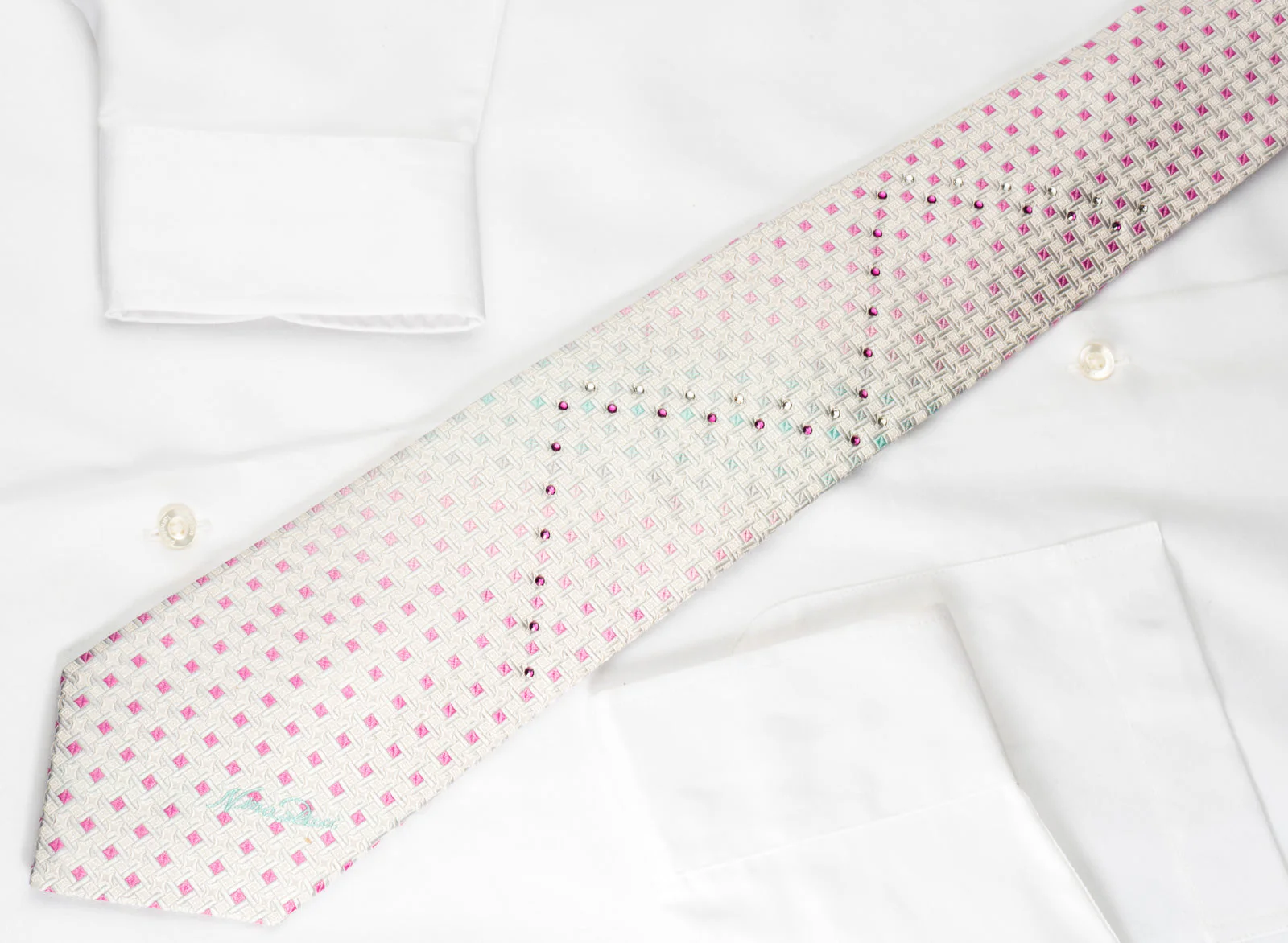 Nina Ricci Silk Necktie Silver Pink Checker On White With Rhinestones - Image 8