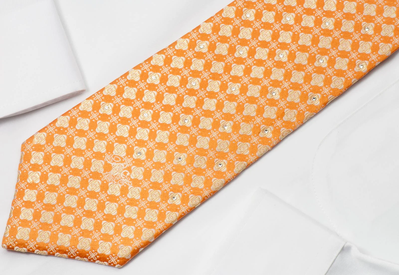 Nina Ricci Silk Necktie Tie Geometric Quatrefoil On Orange With Crystal Rhinestone - Image 2