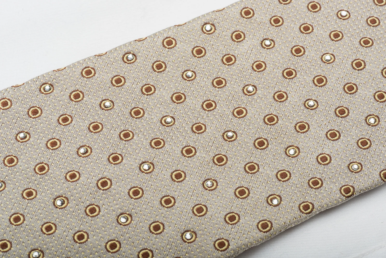 Nina Ricci Silk Rhinestone Necktie Brown Geometric Dots On Silver - Image 7