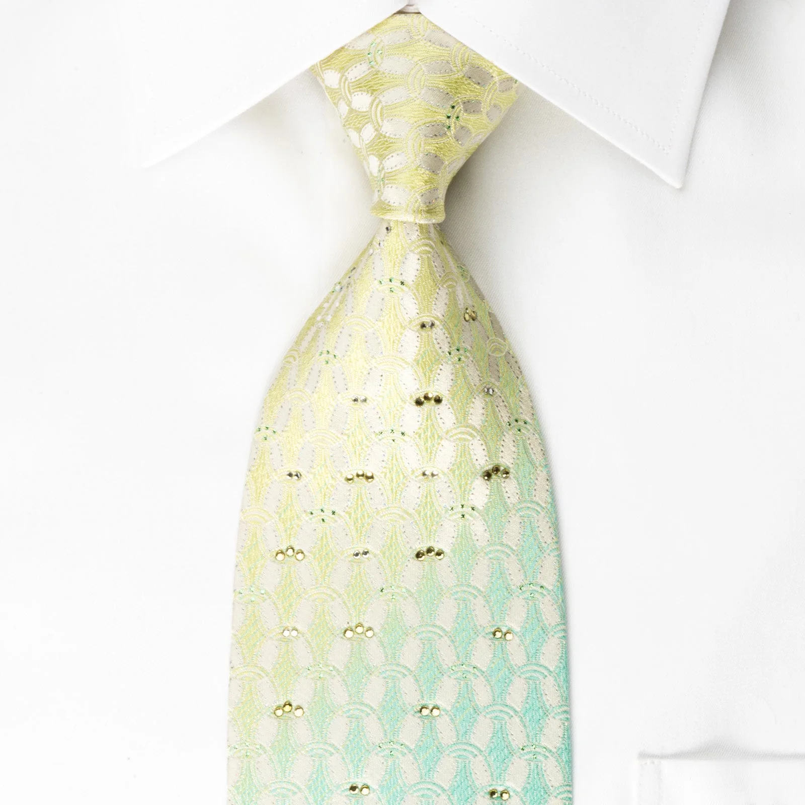 Nina Ricci Silk Rhinestone Necktie Green Turquoise Interlocking Ovals On White With Silver Sparkles