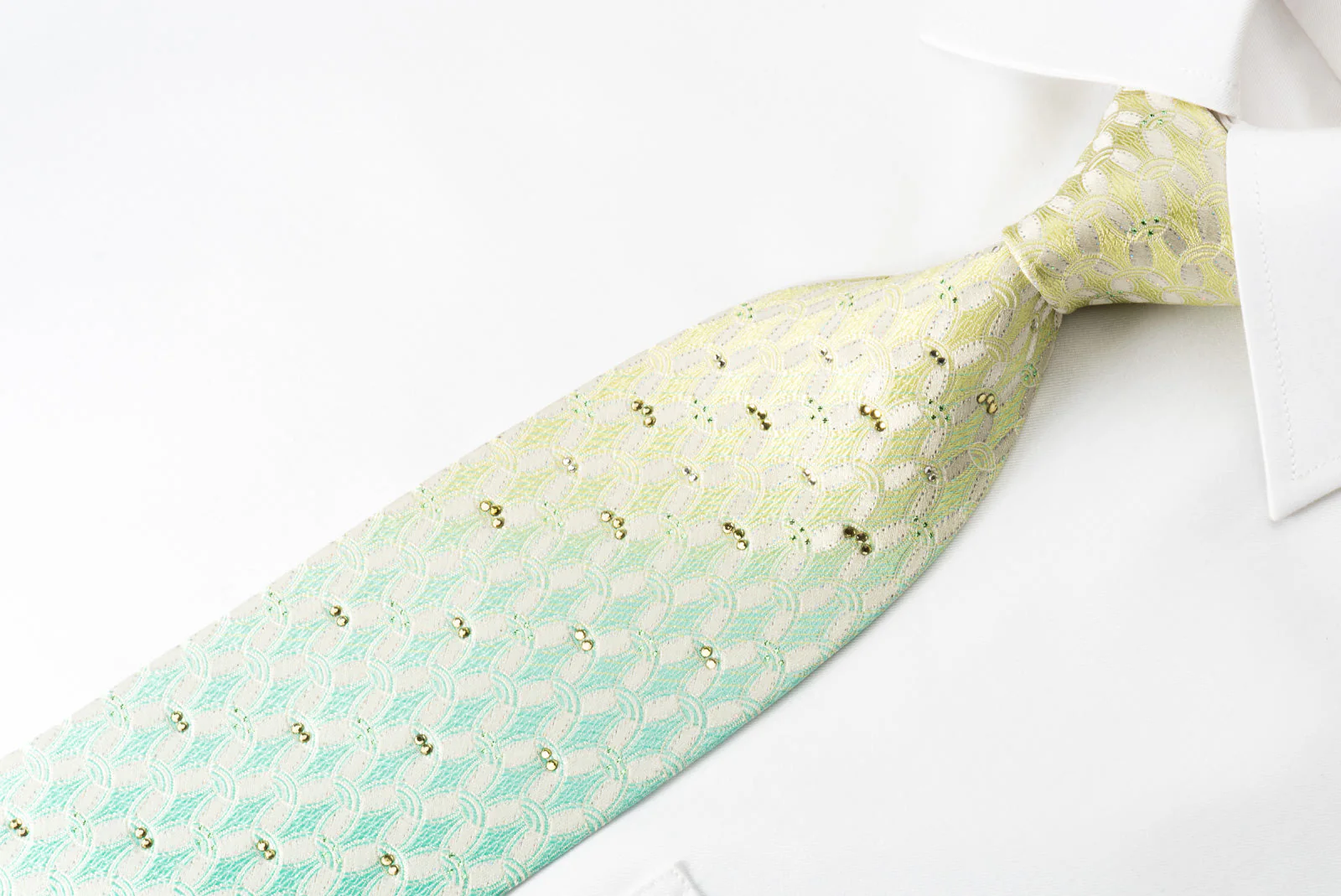 Nina Ricci Silk Rhinestone Necktie Green Turquoise Interlocking Ovals On White With Silver Sparkles - Image 2