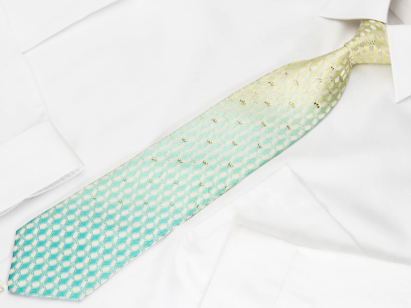 Nina Ricci Silk Rhinestone Necktie Green Turquoise Interlocking Ovals On White With Silver Sparkles - Image 3
