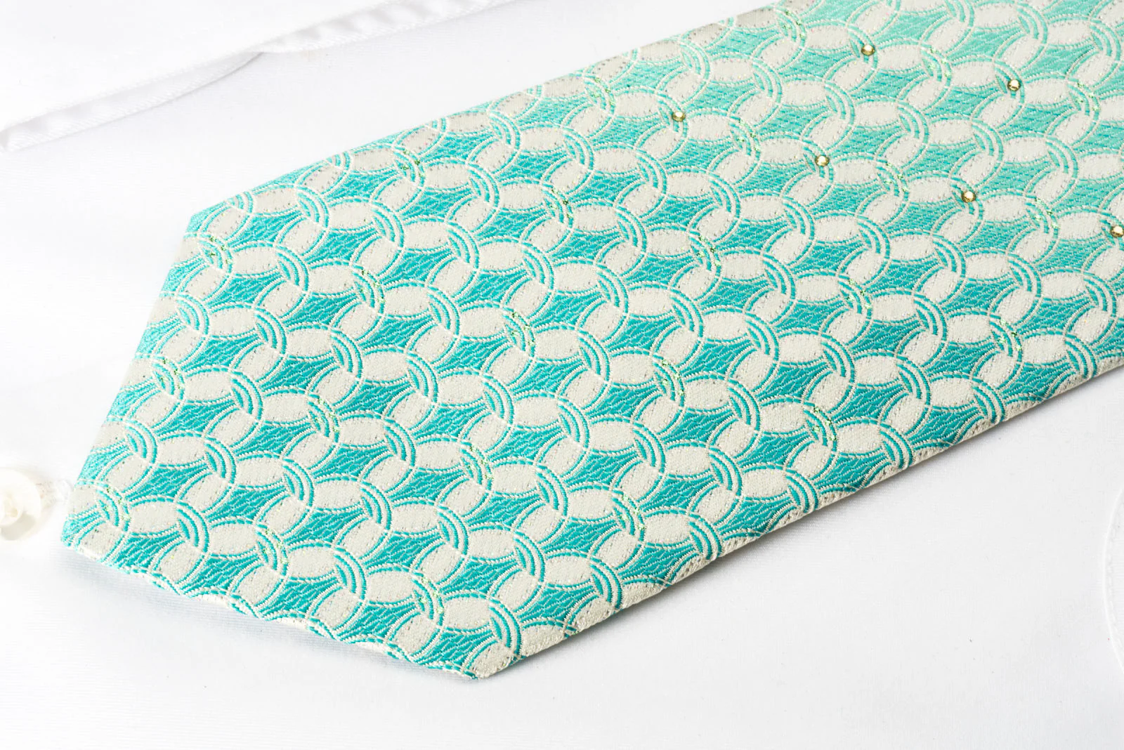 Nina Ricci Silk Rhinestone Necktie Green Turquoise Interlocking Ovals On White With Silver Sparkles - Image 5