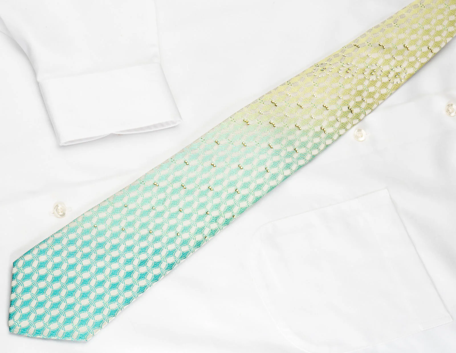 Nina Ricci Silk Rhinestone Necktie Green Turquoise Interlocking Ovals On White With Silver Sparkles - Image 6