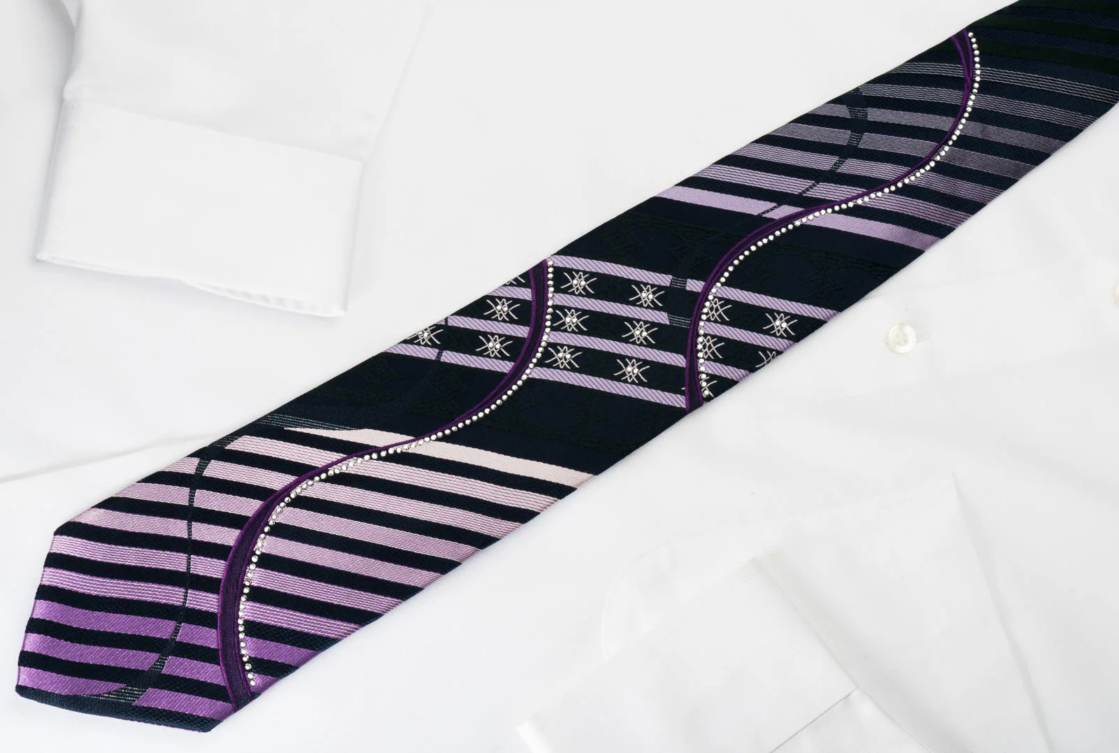 Nina Ricci Silk Rhinestone Necktie Purple Stripes & Waves On Blue With Silver Sparkles - Image 3