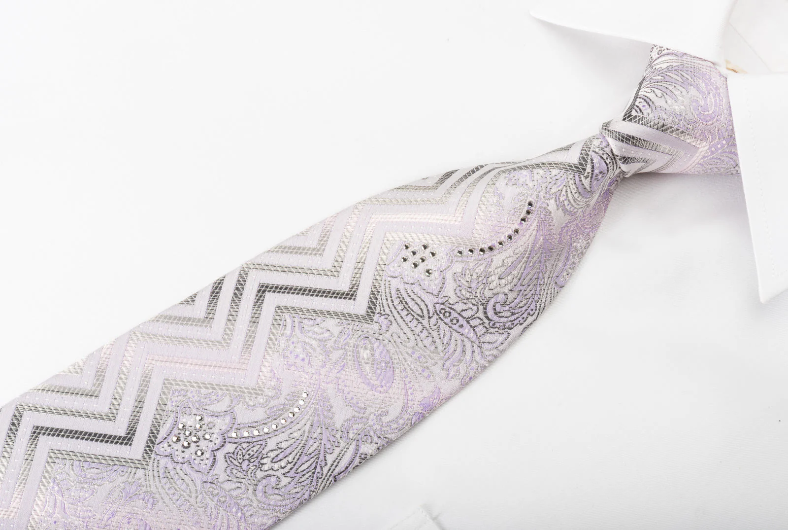 Nina Ricci Silk Rhinestone Necktie Silver Mauve Paisley Chevron On White - Image 3