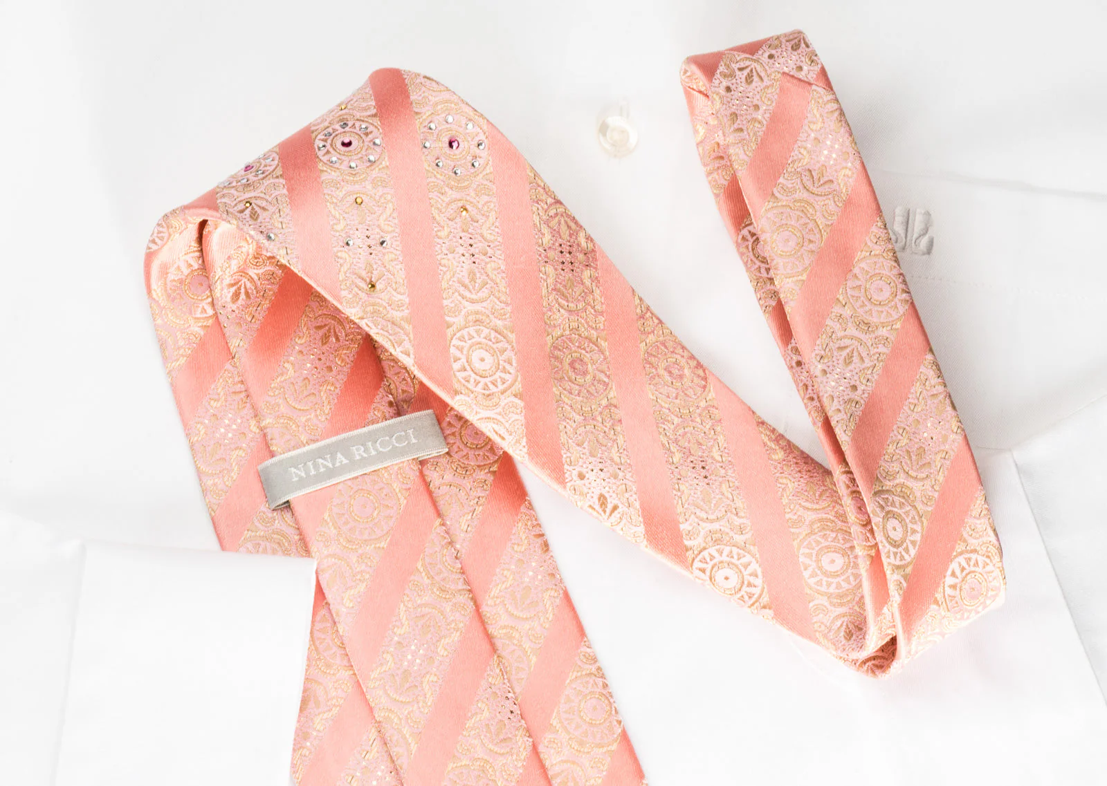 Nina Ricci Silk Rhinestone Necktie Stripes On Pink With Golden Sparkles - Image 3