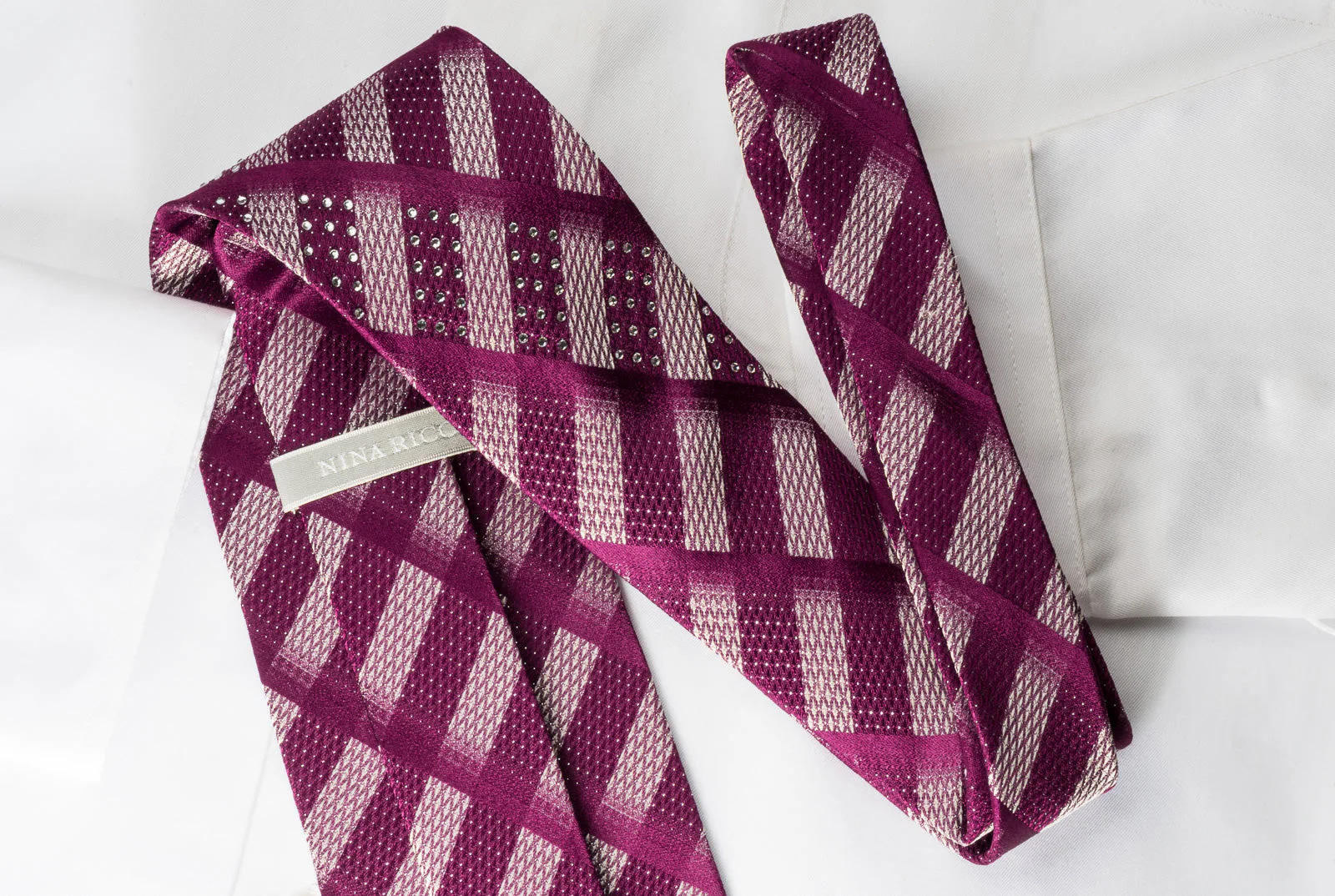 Nina Ricci Silk Rhinestone Tie Purple Silver Striped With Silver Sparkles - Image 3