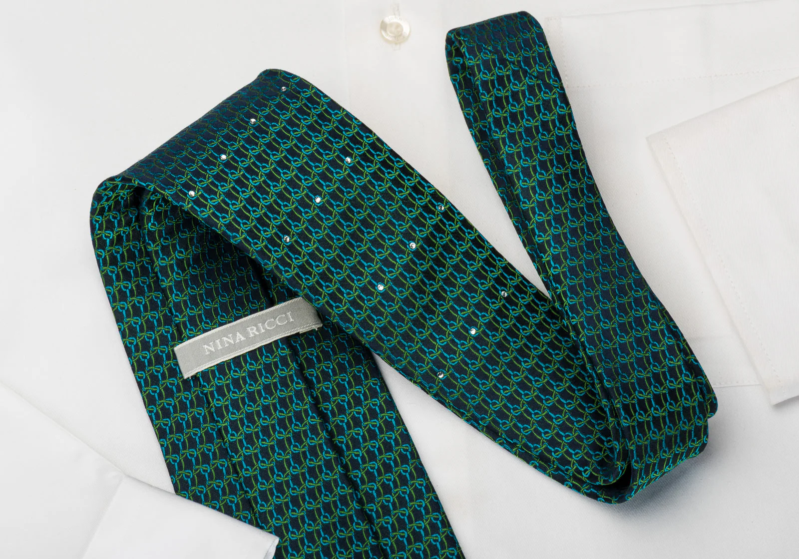 Nina Ricci Silk Tie Chainmail On Green With Rhinestones - Image 3