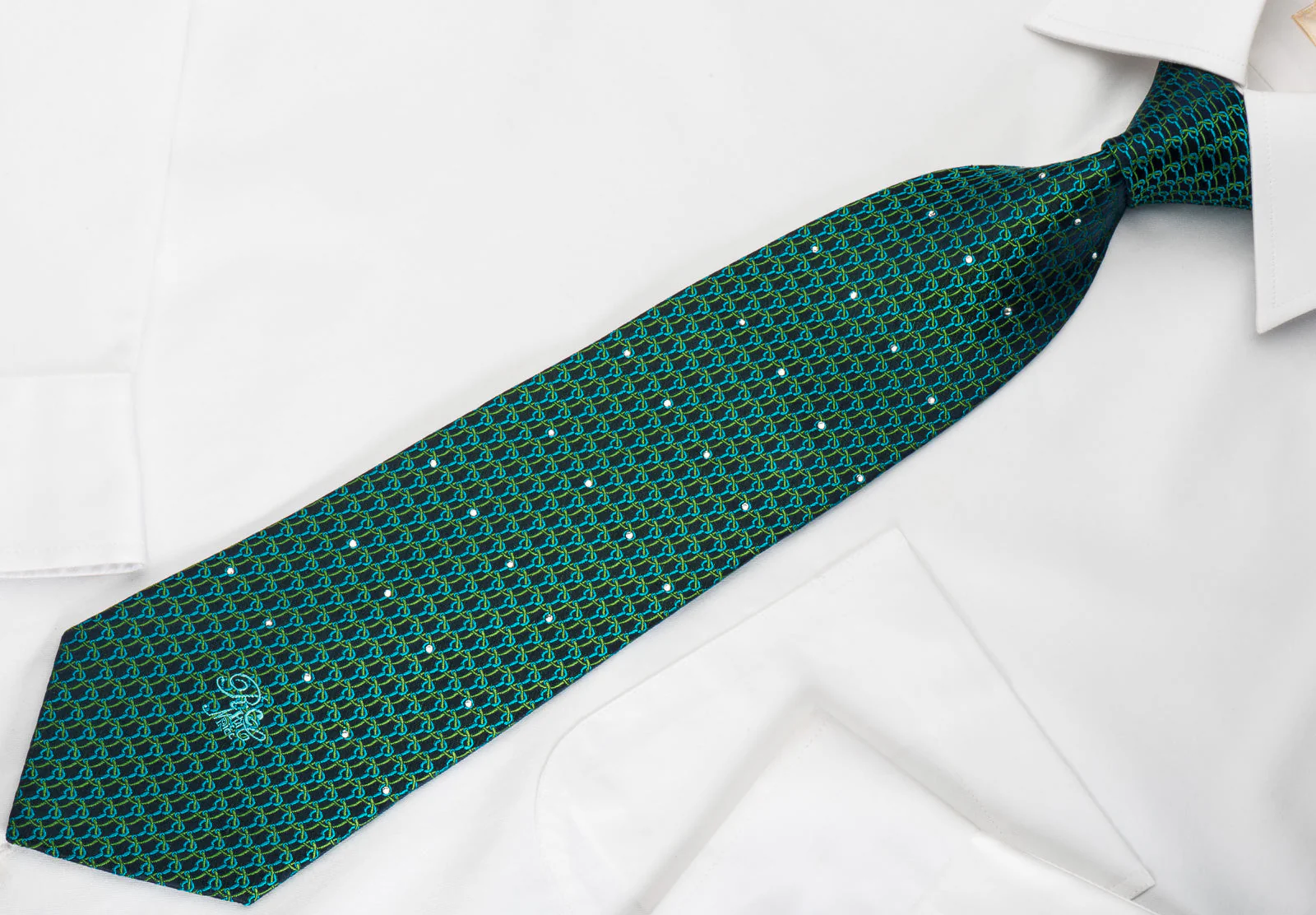 Nina Ricci Silk Tie Chainmail On Green With Rhinestones - Image 6