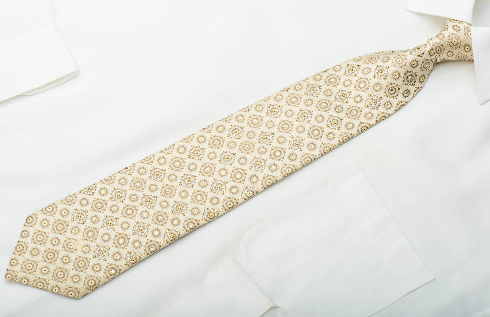 Nina Ricci Silk Tie Foulard On Golden Beige With Gold Rhinestuds - Image 3