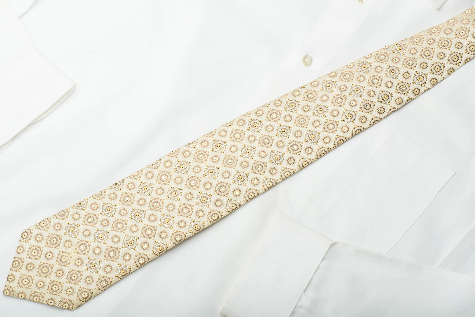 Nina Ricci Silk Tie Foulard On Golden Beige With Gold Rhinestuds - Image 4