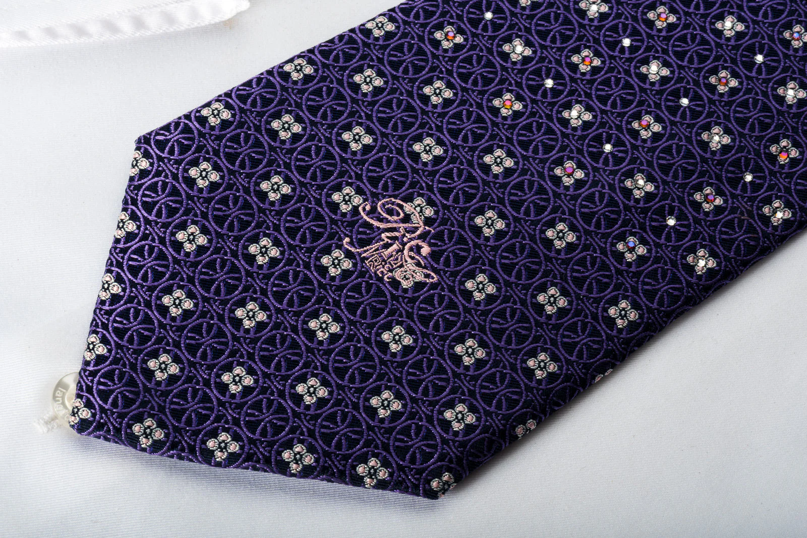Nina Ricci Silk Tie Purple Interlocking Circles On Blue With Rhinestones - Image 4
