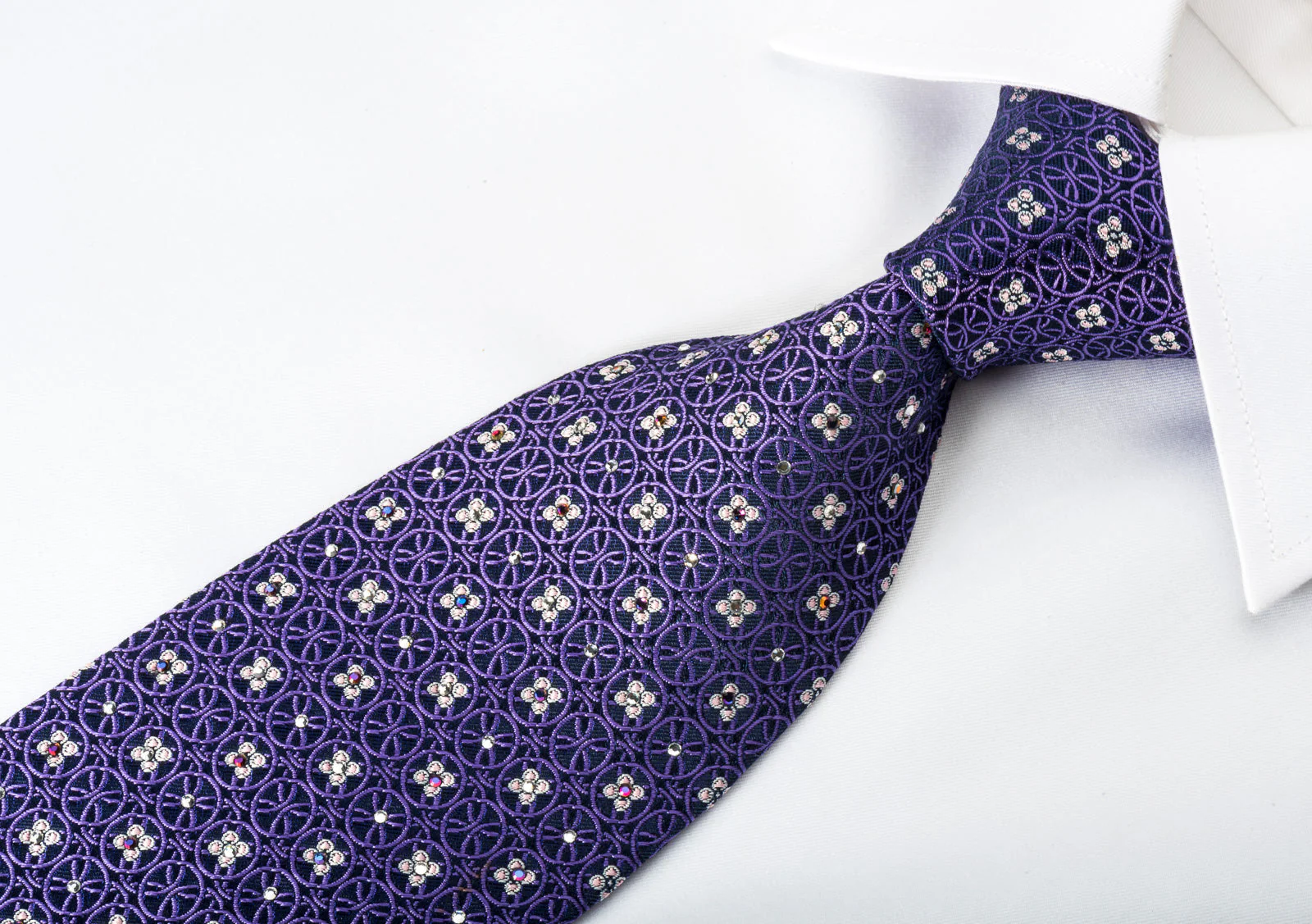 Nina Ricci Silk Tie Purple Interlocking Circles On Blue With Rhinestones - Image 5