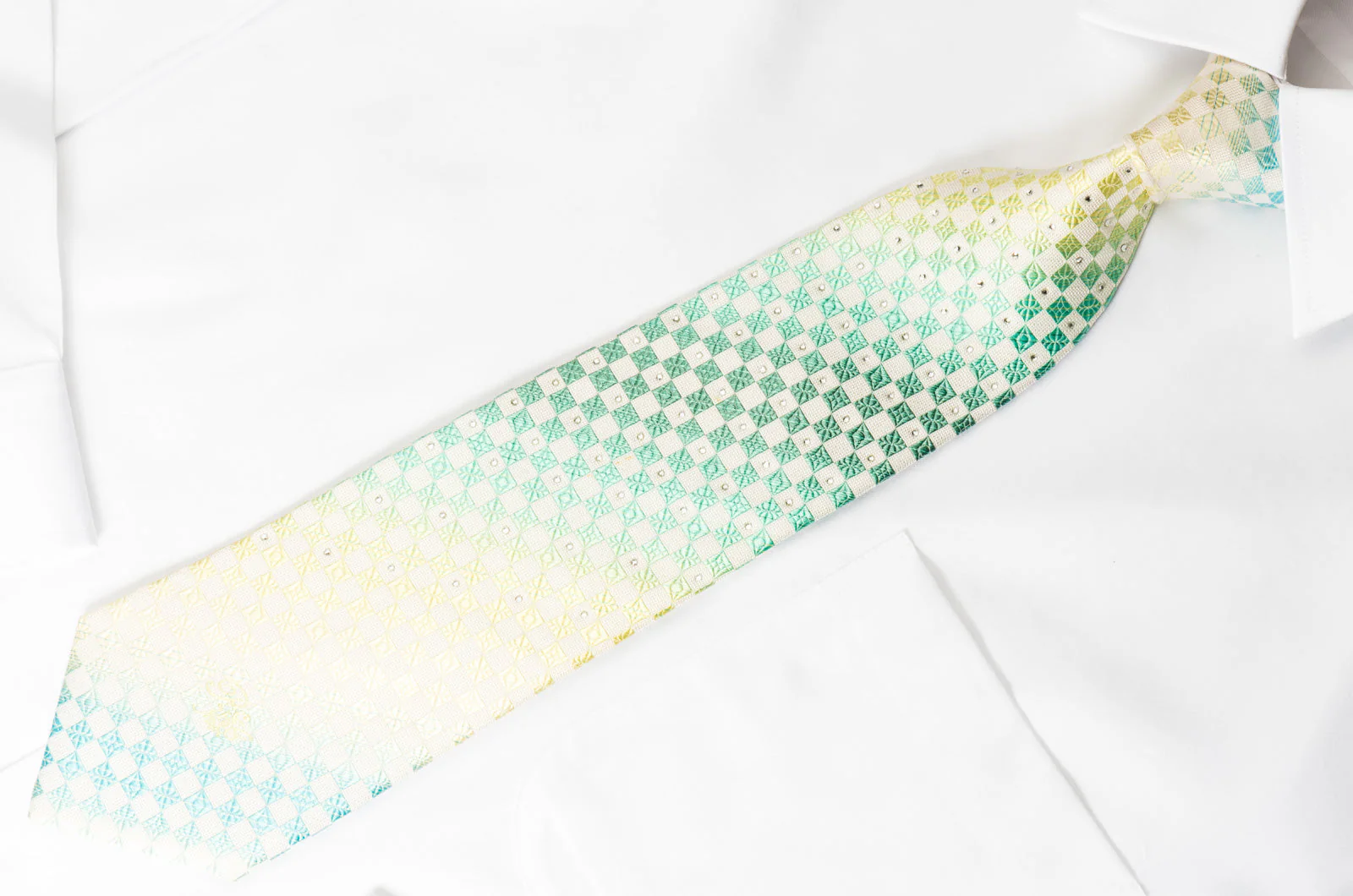Nina Ricci Silk Tie Turquoise Checker On White With Crystal Rhinestones - Image 2