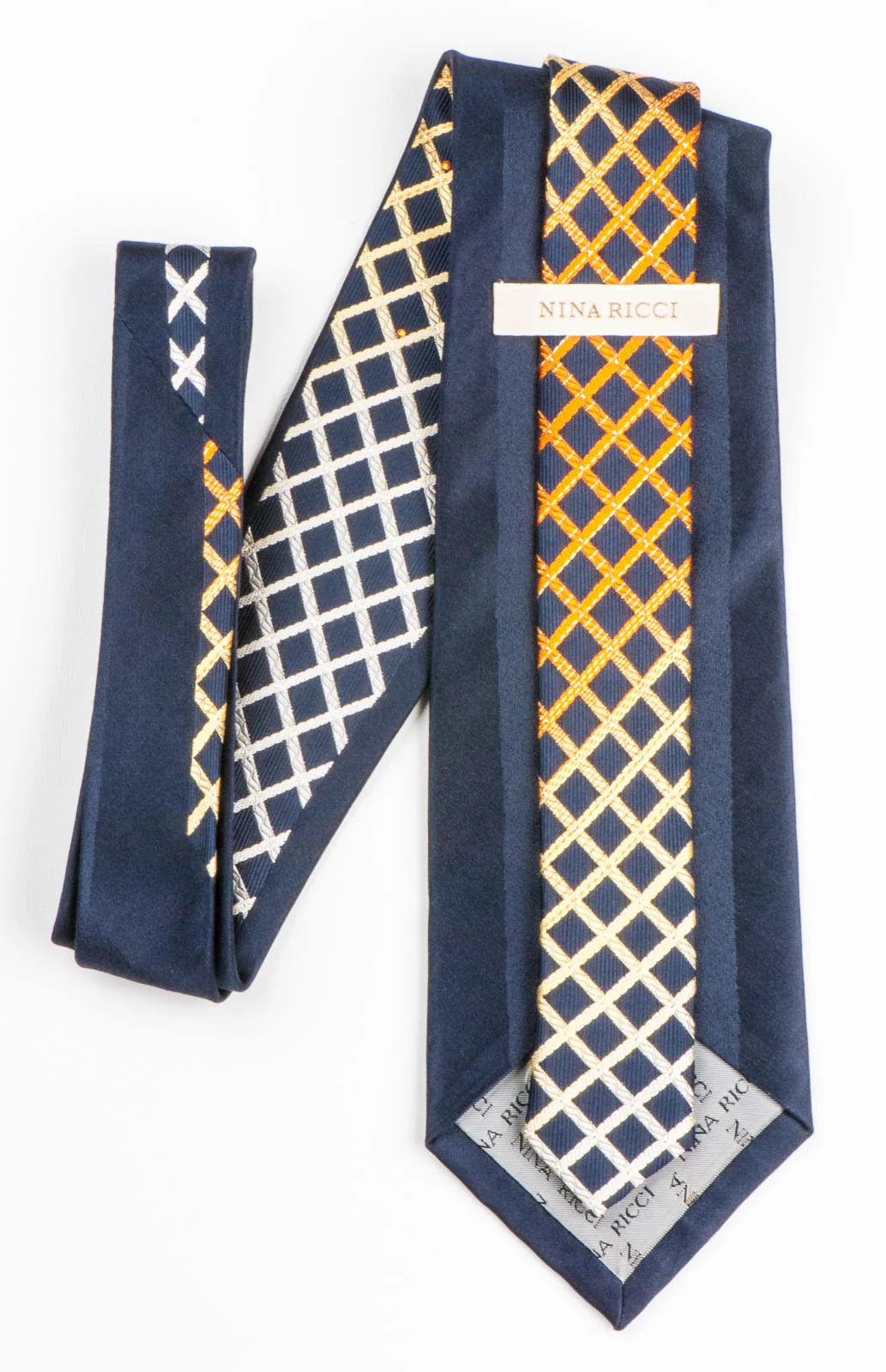 Nina Ricci Woven Silk Neck Tie Orange Yellow Checks On Black With Rhinestones - Image 2