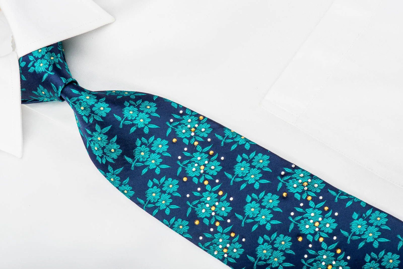 Odysseus Rhinestone Silk Necktie Green Floral On Blue - Image 2