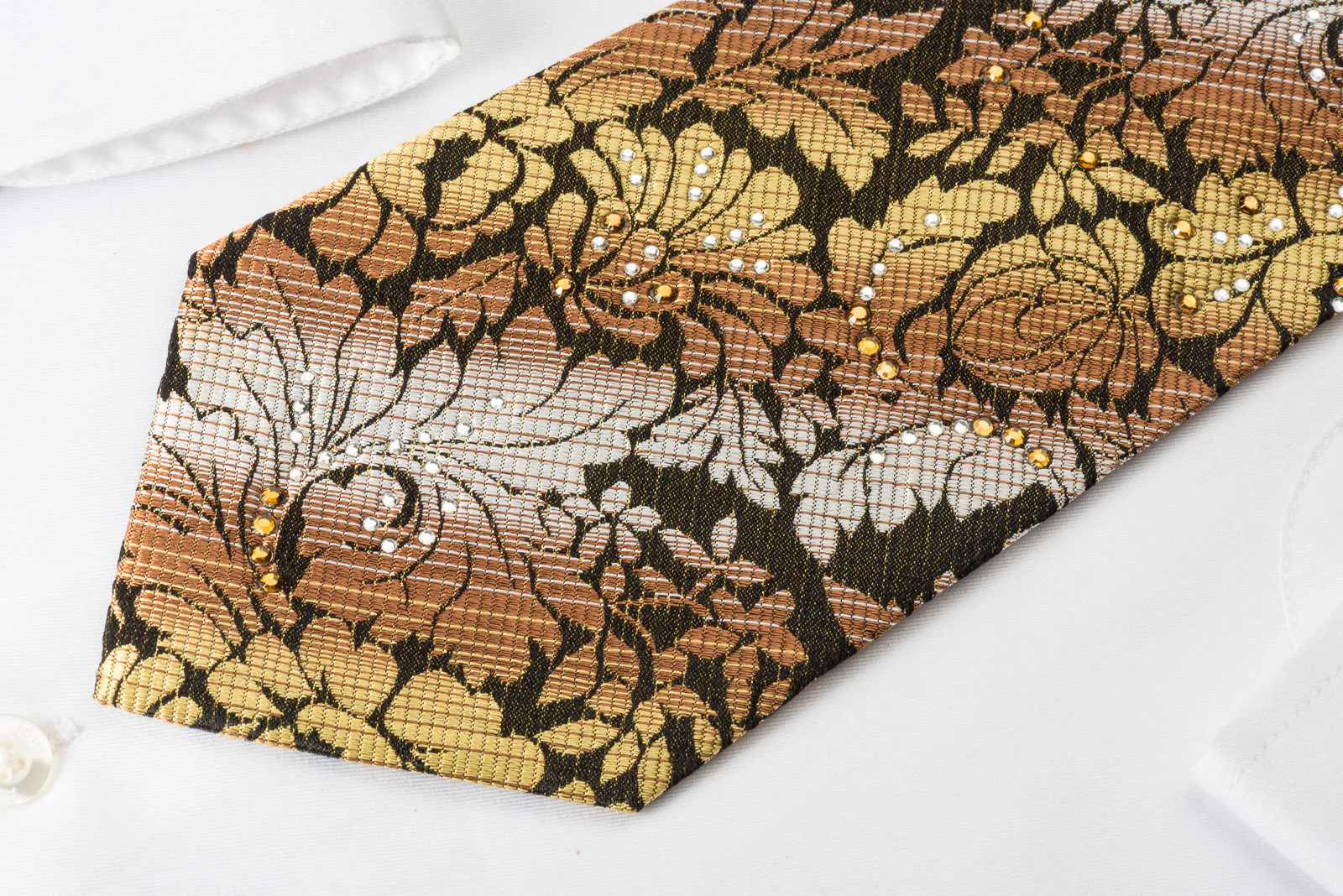Odysseus Silk Necktie Floral On Brown With Rhinestones - Image 5