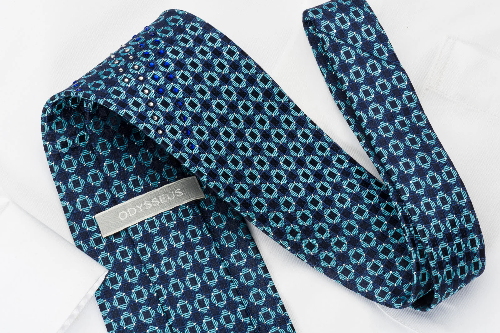 Odysseus Silk Rhinestone Necktie Chequer On Blue With Silver Sparkles - Image 4