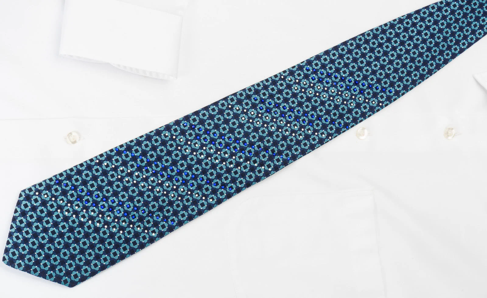 Odysseus Silk Rhinestone Necktie Chequer On Blue With Silver Sparkles - Image 6