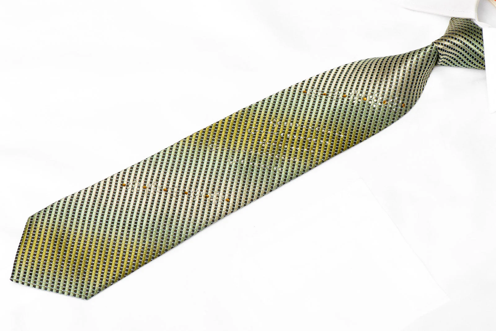 Olive Green Black Striped Rhinestone Silk Tie With Silver Sparkles - Image 2