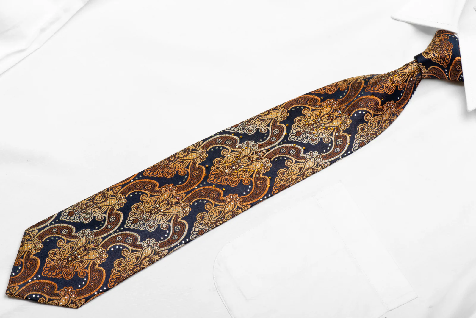 Orange Anthemion On Navy Rhinestone Silk Tie With Silver Sparkles - Image 3