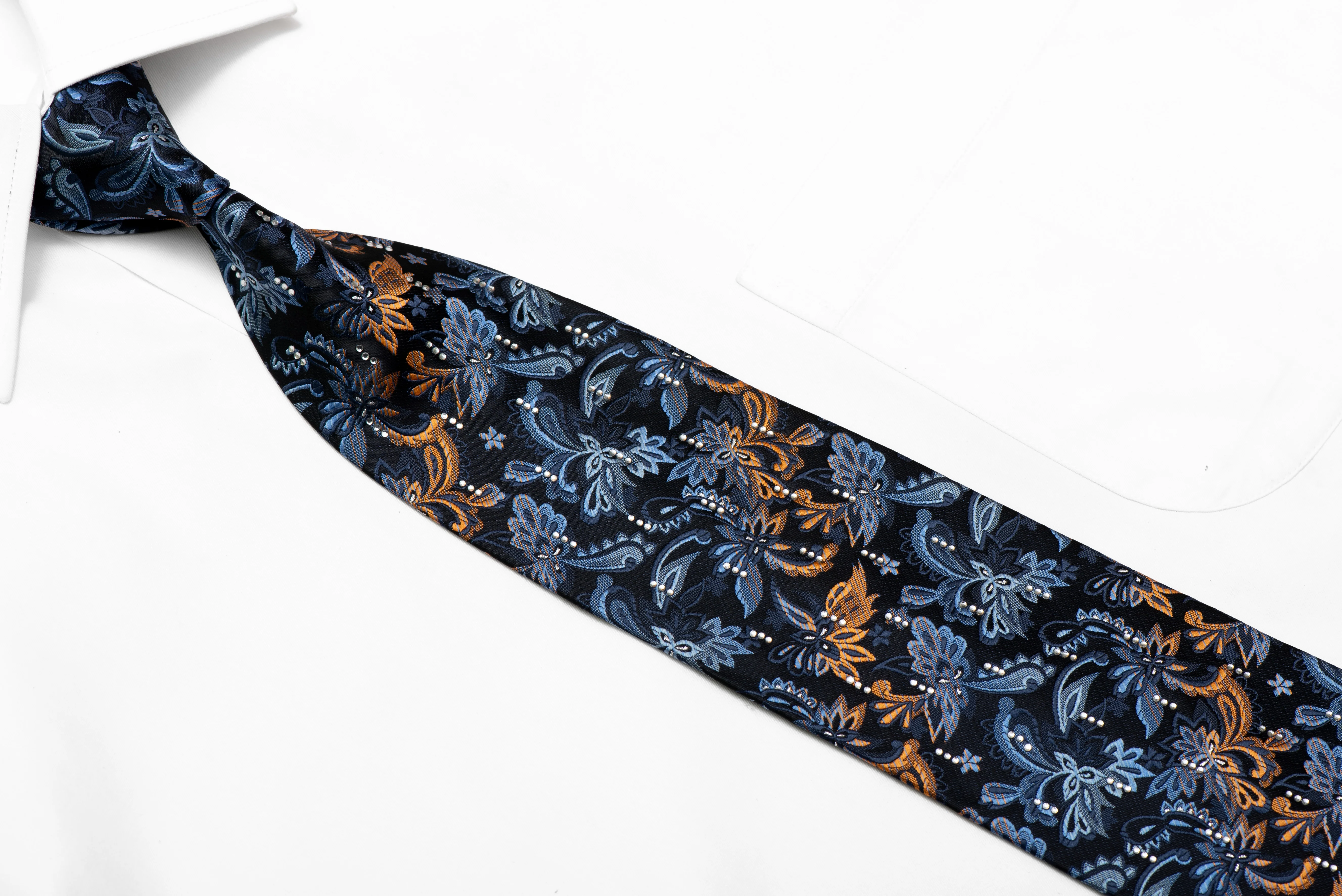 Orange Blue Acanthus Floral On Navy Blue Microfiber Rhinestone Necktie With Sparkles - Image 2