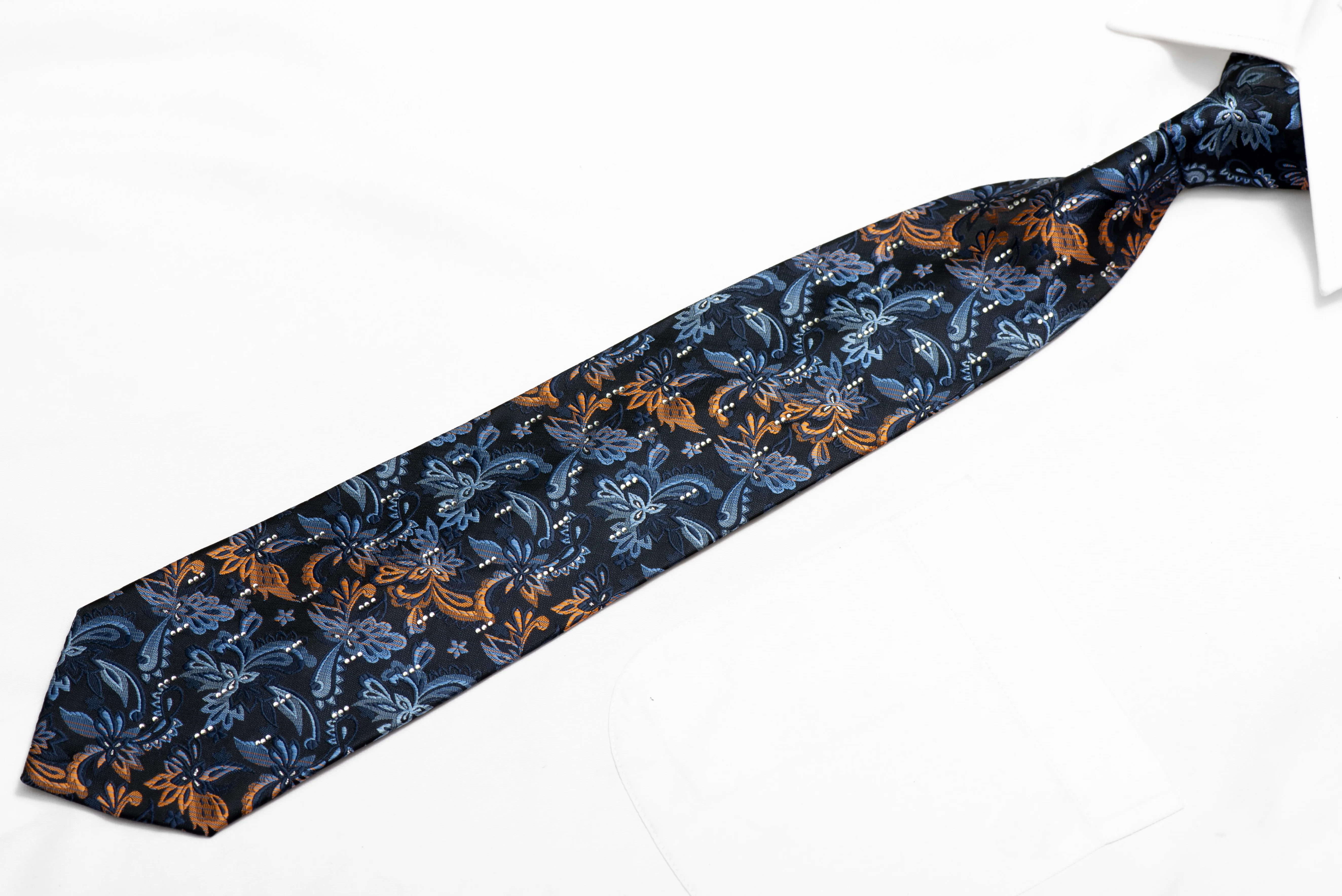 Orange Blue Acanthus Floral On Navy Blue Microfiber Rhinestone Necktie With Sparkles - Image 3