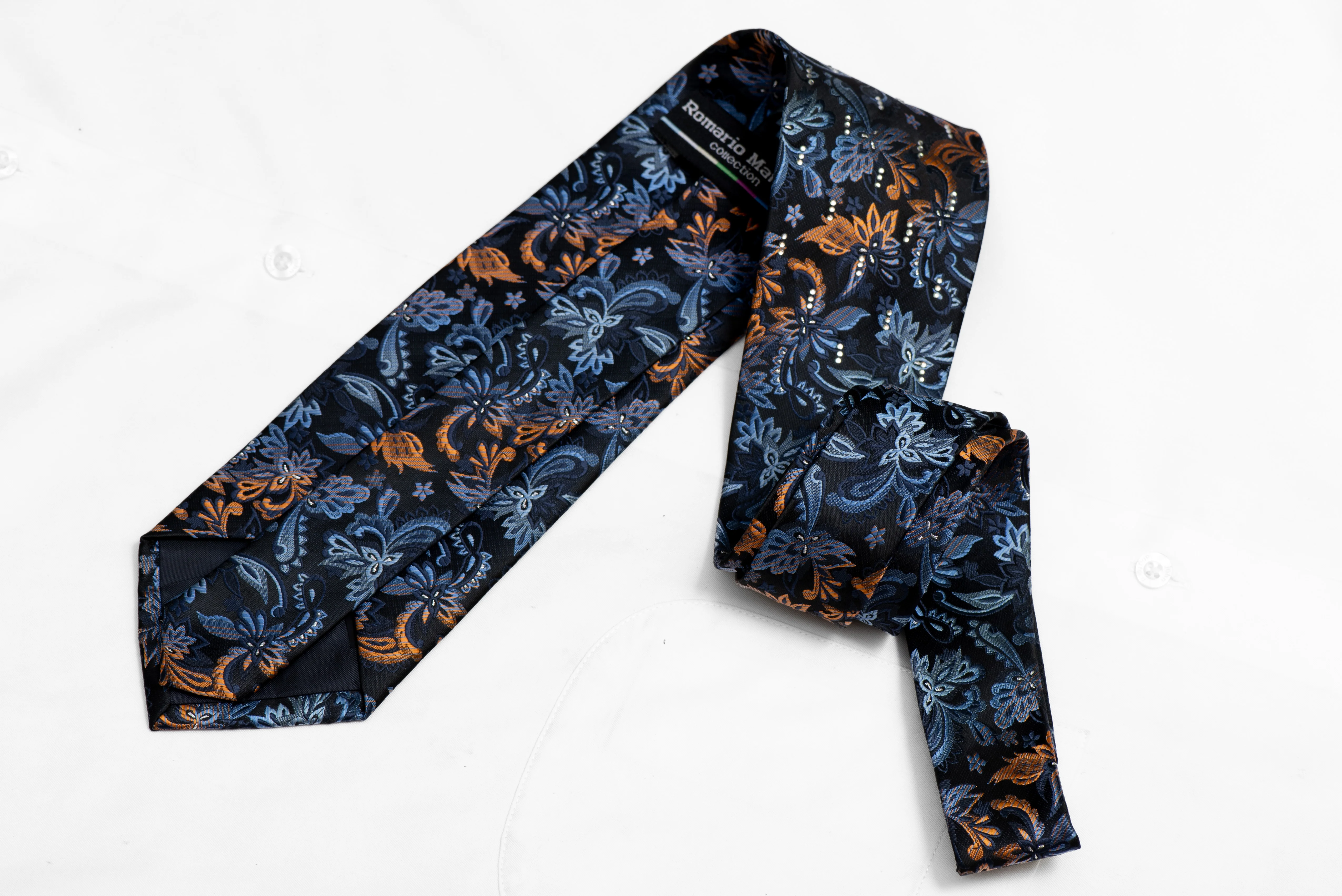 Orange Blue Acanthus Floral On Navy Blue Microfiber Rhinestone Necktie With Sparkles - Image 4