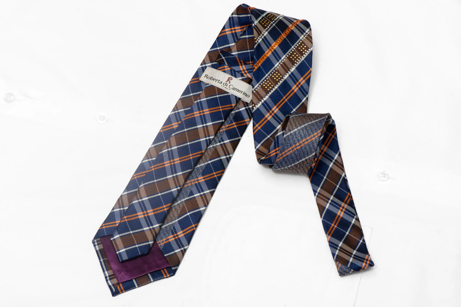 Orange Blue Brown Silver Plaid Rhinestone Silk Necktie With Silver Sparkles - Image 3