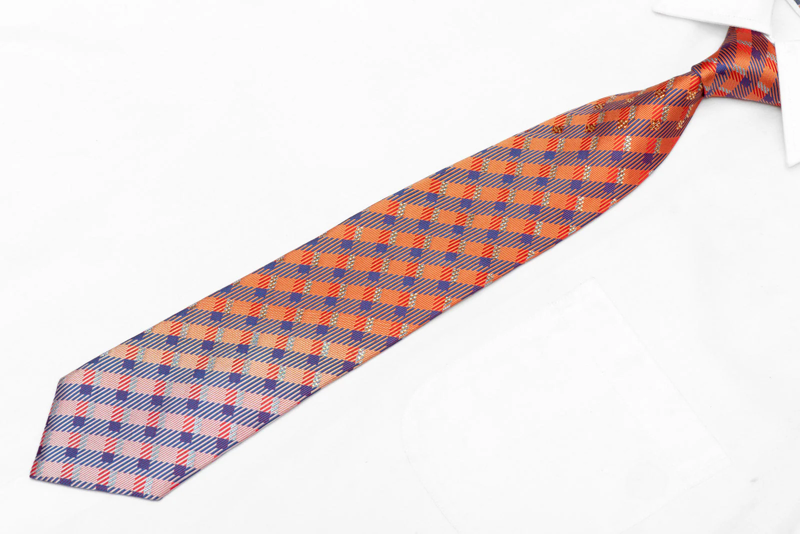 Orange Blue Checkered Rhinestone Silk Necktie With Silver Sparkles - Image 2