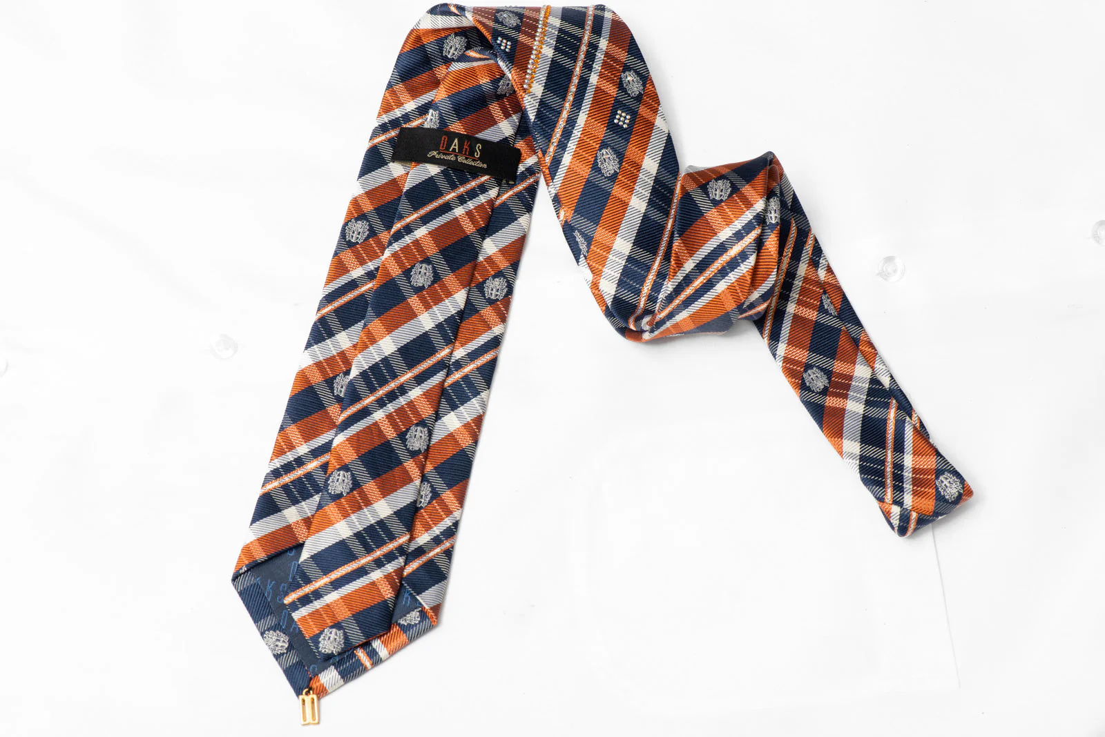 Orange Blue Silver Plaid Rhinestone Silk Necktie With Silver Sparkles - Image 3