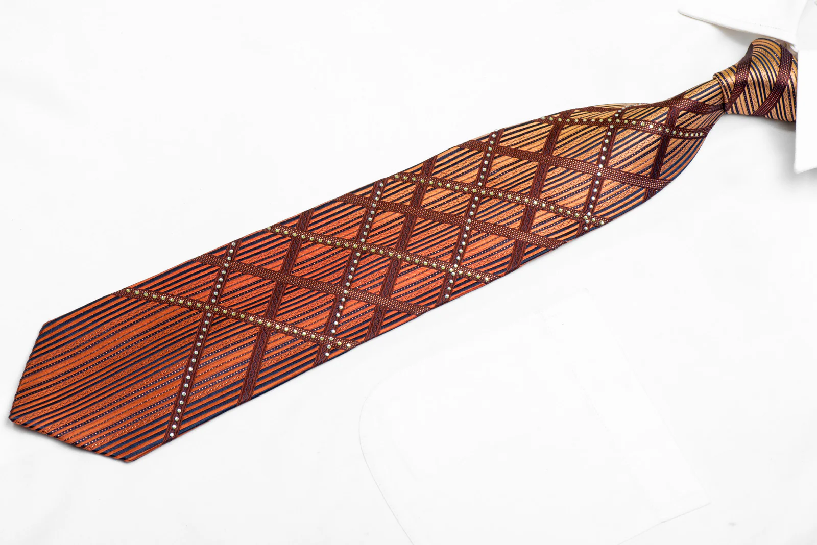 Orange Blue Striped Rhinestone Silk Necktie With Orange Sparkles - Image 3