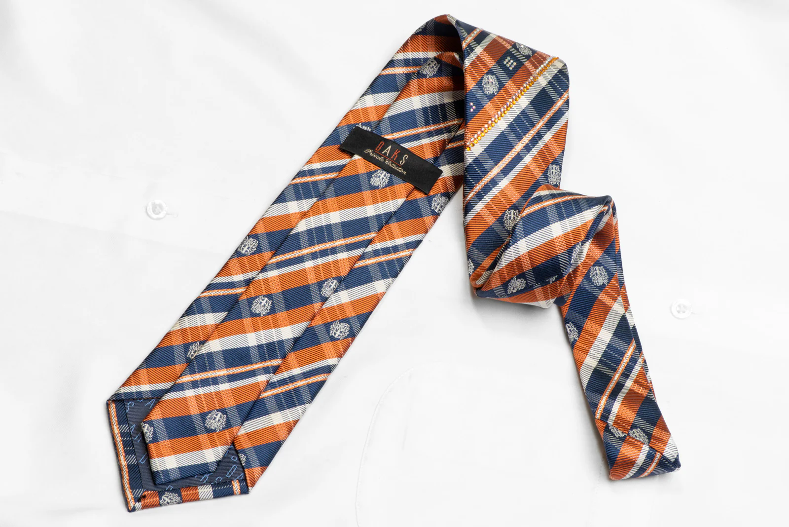 Orange Blue White Plaid Rhinestone Silk Necktie With Orange Sparkles - Image 4