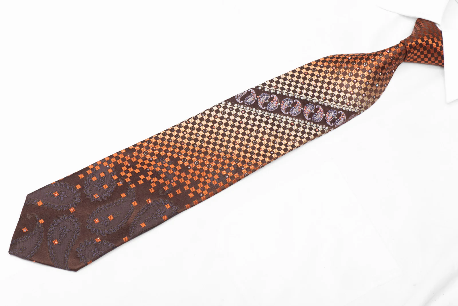 Orange Brown Checkered Paisley Rhinestone Silk Tie With Silver Sparkles - Image 2