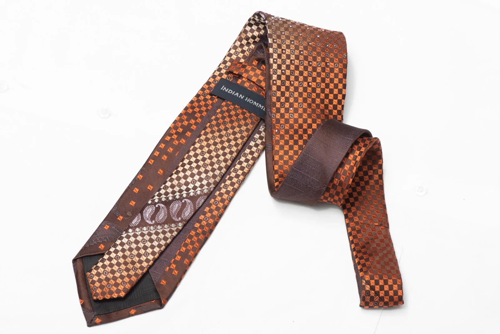 Orange Brown Checkered Paisley Rhinestone Silk Tie With Silver Sparkles - Image 3