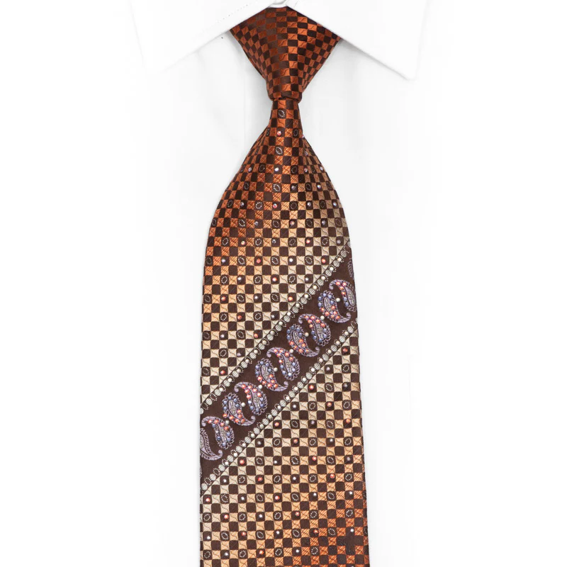 Orange Brown Checkered Paisley Rhinestone Silk Tie With Silver Sparkles - Image 4