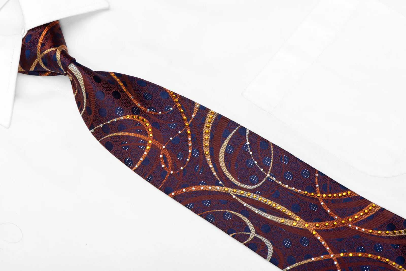 Orange Brown Scrolls On Navy Rhinestone Silk Tie With Silver Sparkles - Image 2