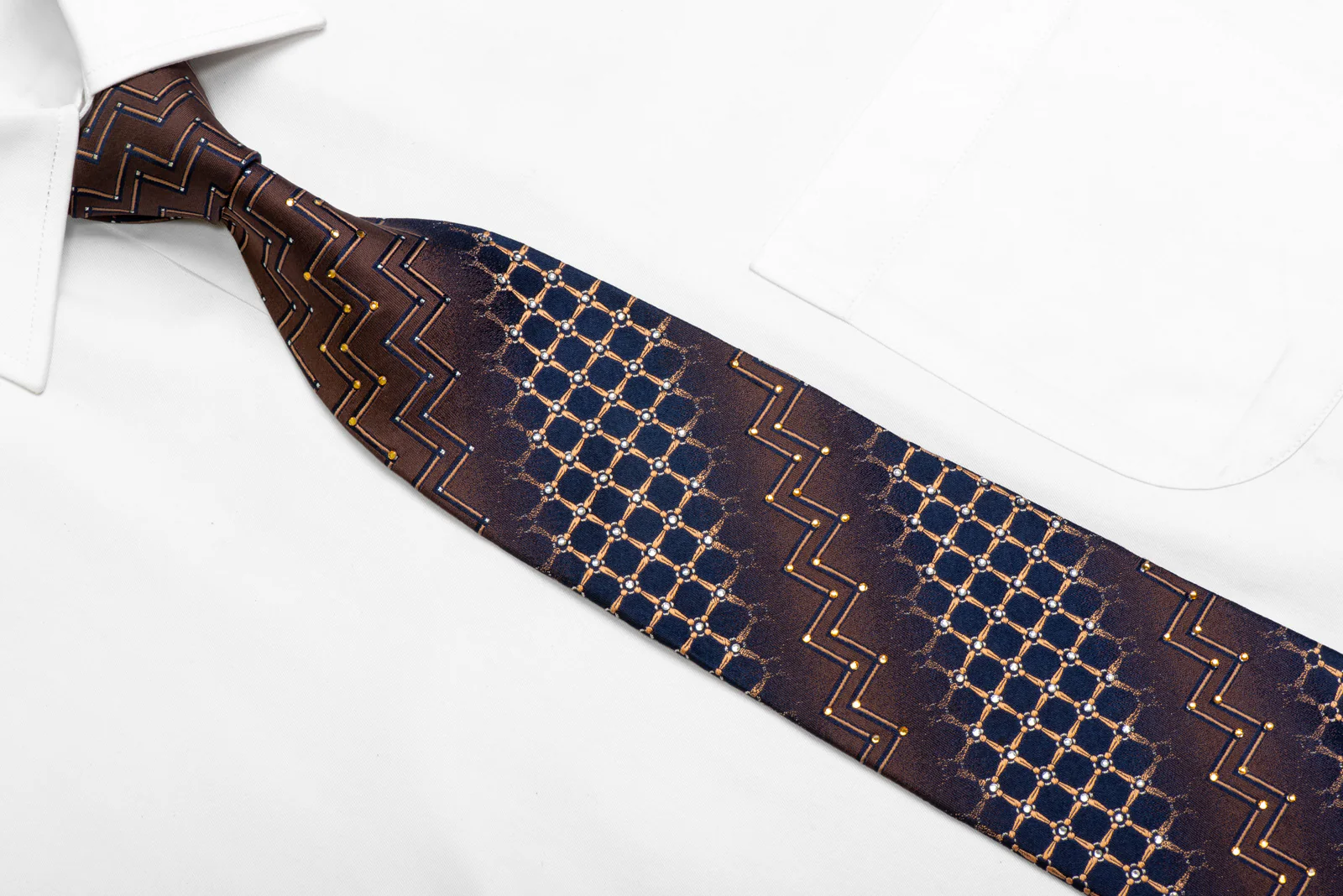 Orange Chevron Trellis On Brown Navy Rhinestone Silk Tie With Sparkles - Image 2