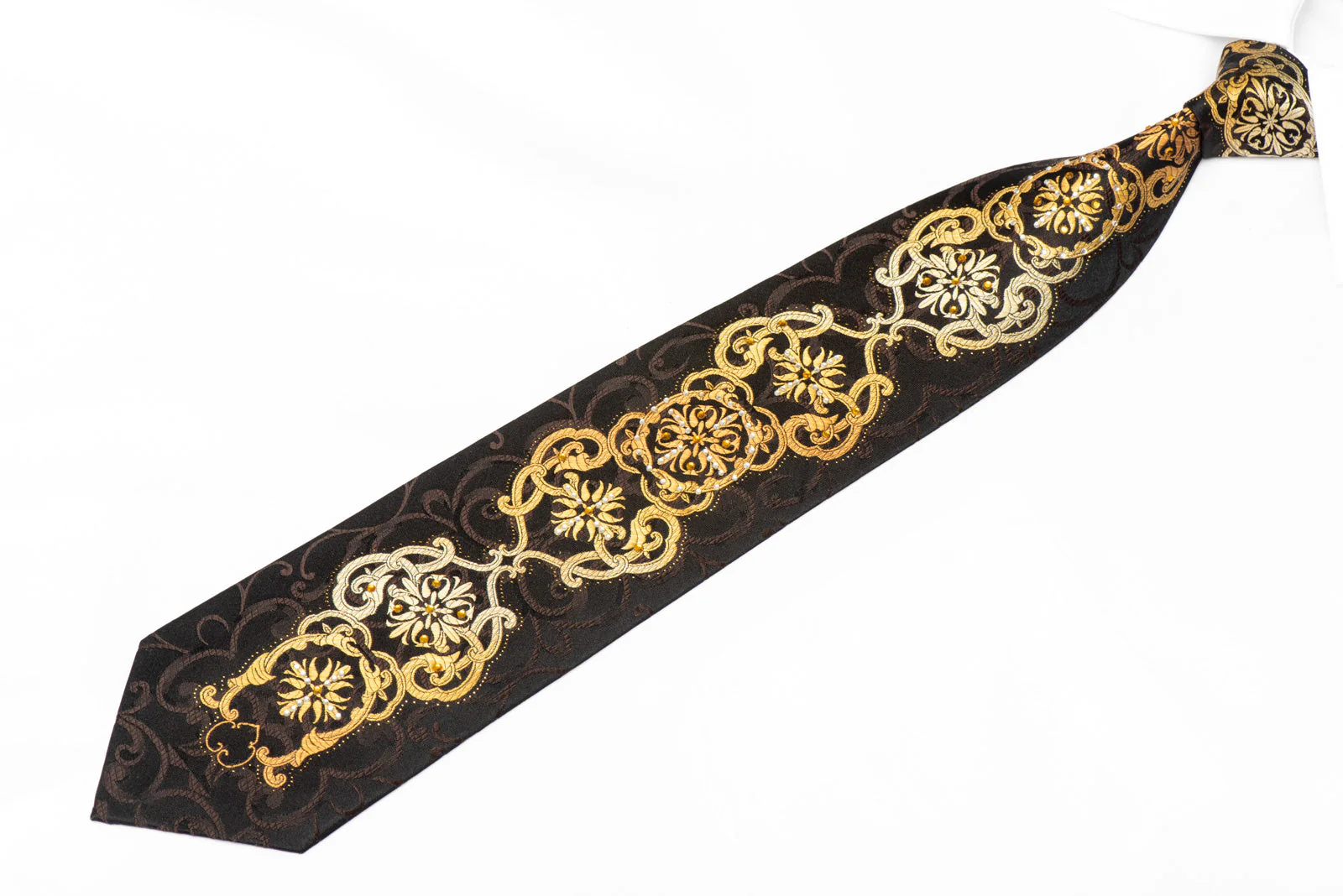 Orange Damask On Dark Brown Rhinestone Silk Tie With Sparkles - Image 2